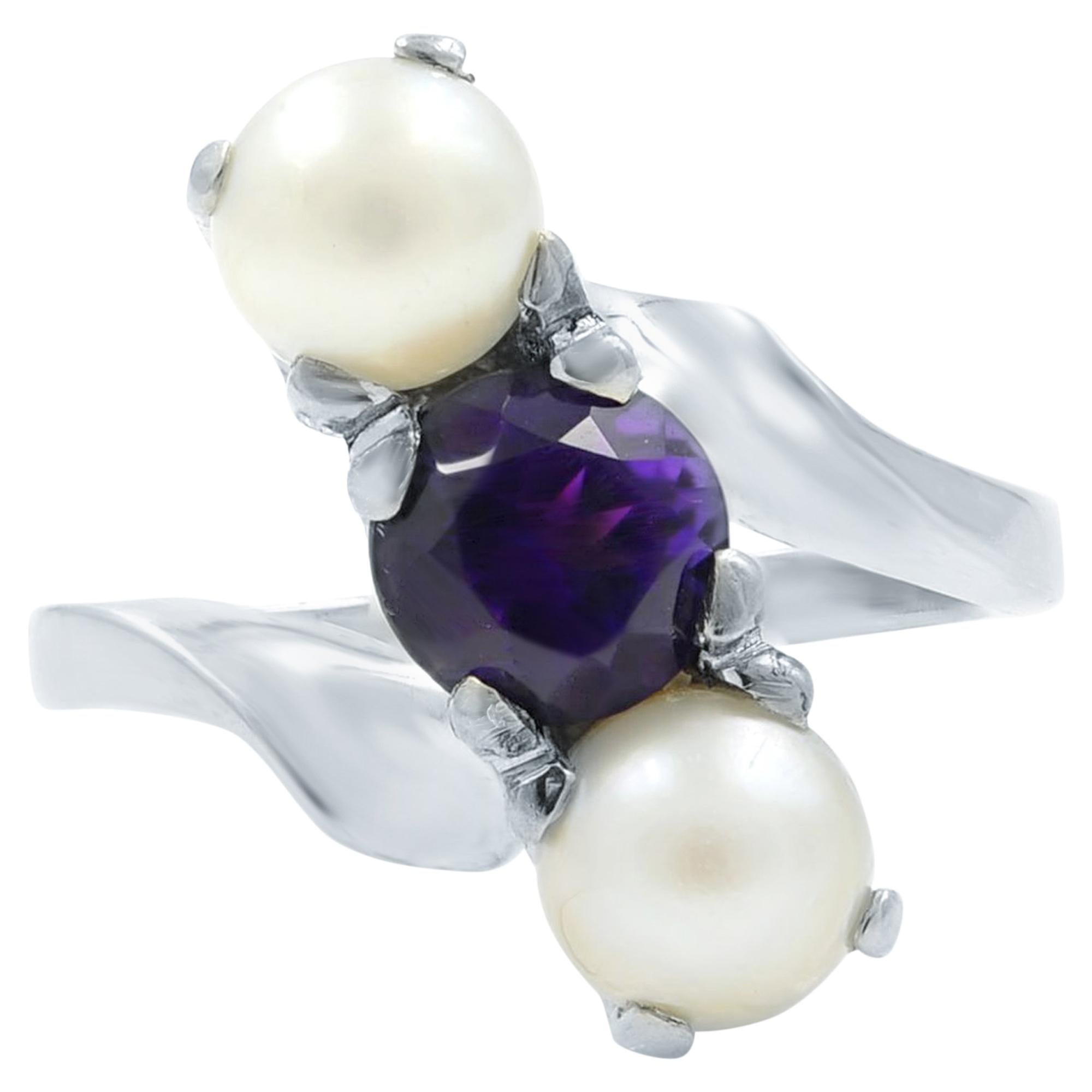 Rachel Koen Amethyst and Pearl Cocktail Ring 14K White Gold For Sale