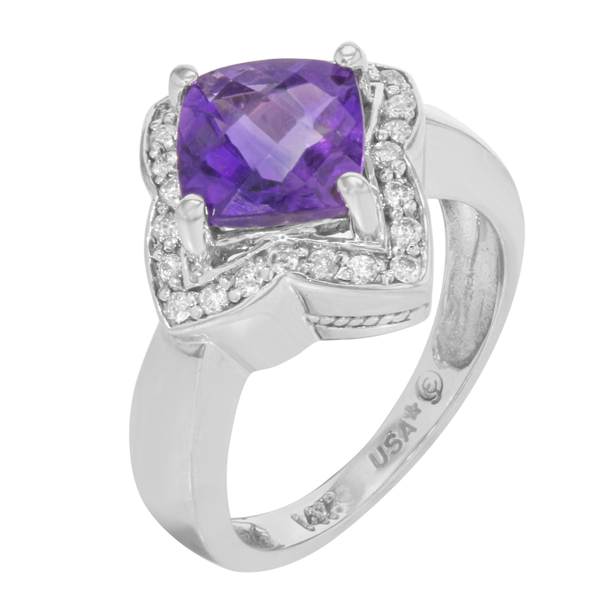 Rachel Koen Anillo Cóctel Amatista Diamante Oro Blanco 14K 2.00cttw Moderno en venta