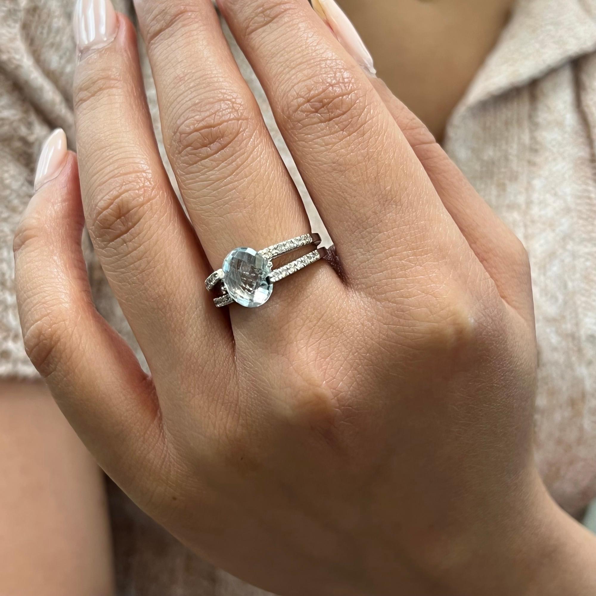 Modern Rachel Koen Aquamarine Diamond Ring 18K White Gold 0.21Cttw For Sale