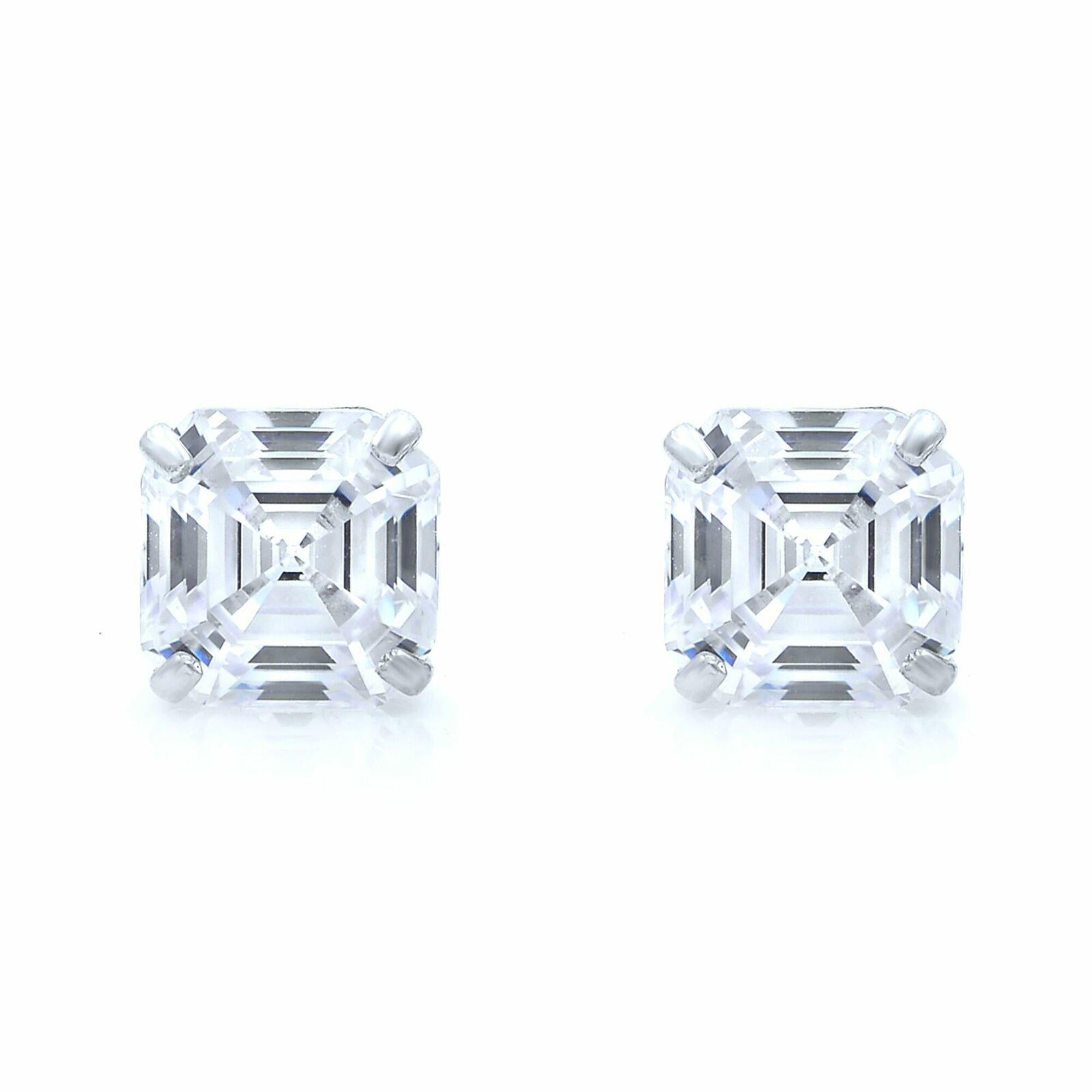 These classic stud earrings are featuring gorgeous Asscher Cut cubic zirconia stones set in our four-prong basket setting. Each stone is 7mm set in 14K white gold. Push back closure. Comes with a presentable gift box.