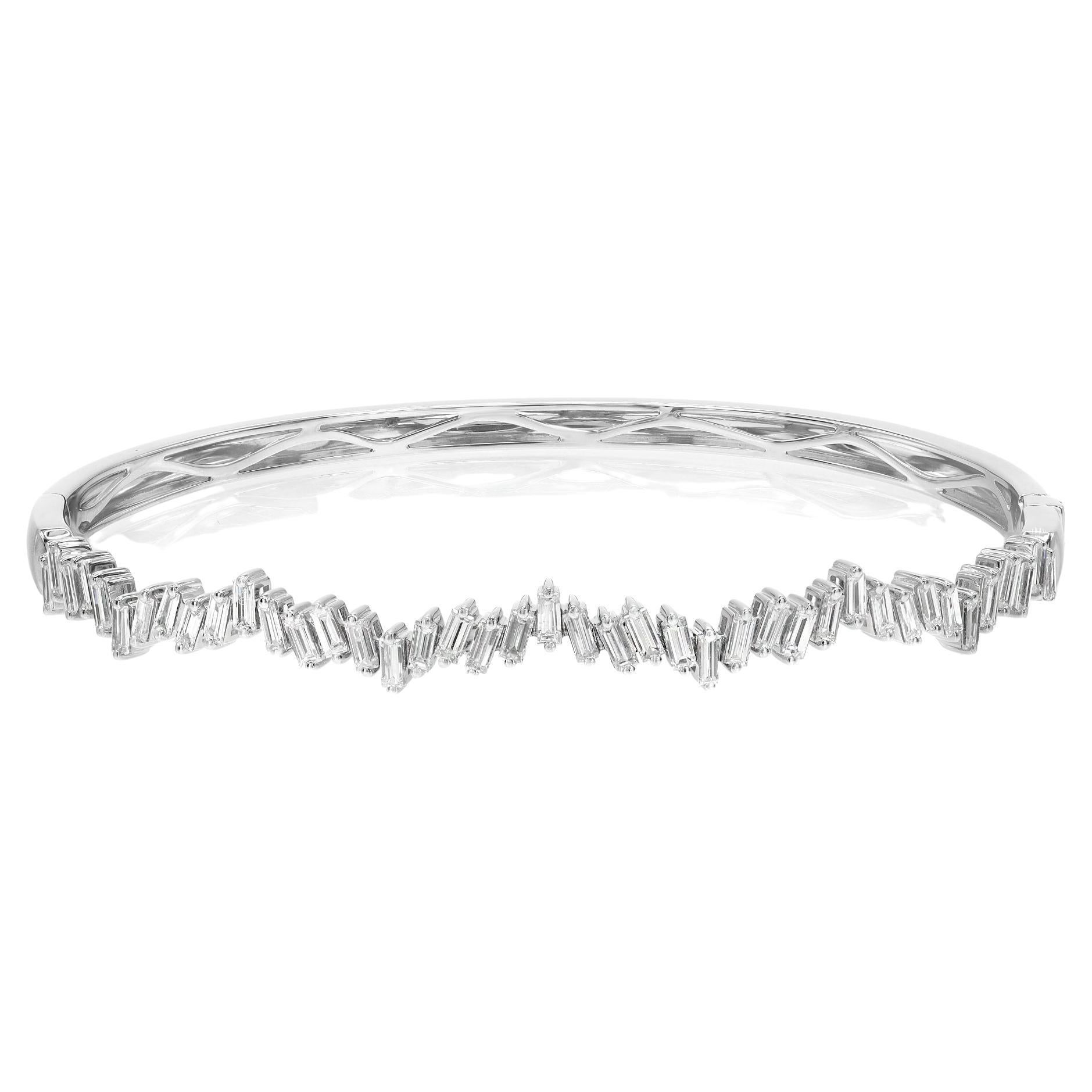 Rachel Koen Baguette Cut Diamond Bangle Bracelet 18K White Gold 1.57Cttw