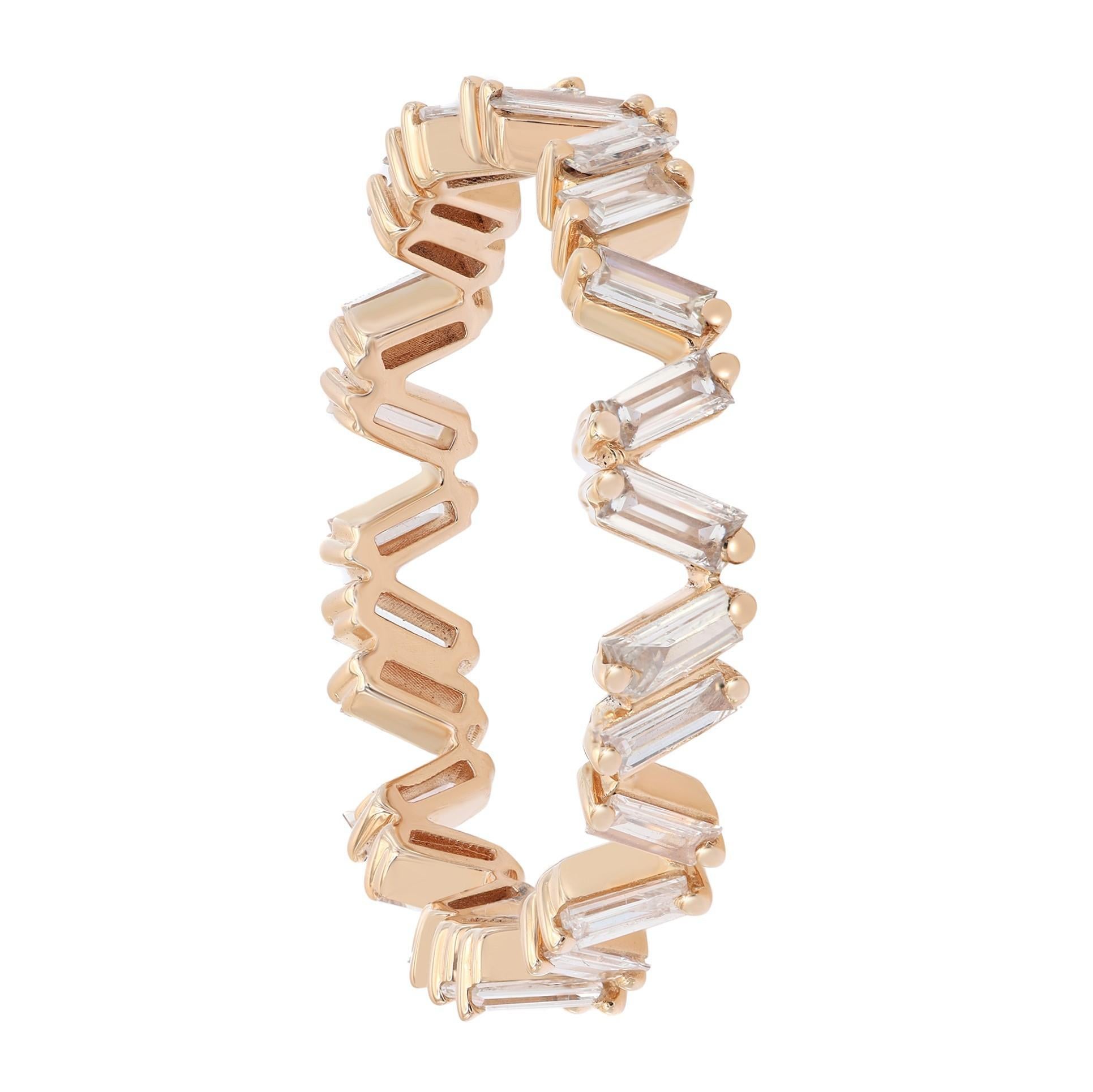 Sparkle with this 14k rose gold diamond eternity band. This ring features 25 prong set Baguette cut diamonds set all through the ring in a zig zag pattern. This ring is perfect for promise ring or stackable rings. Total diamond weight: 0.69 carat.