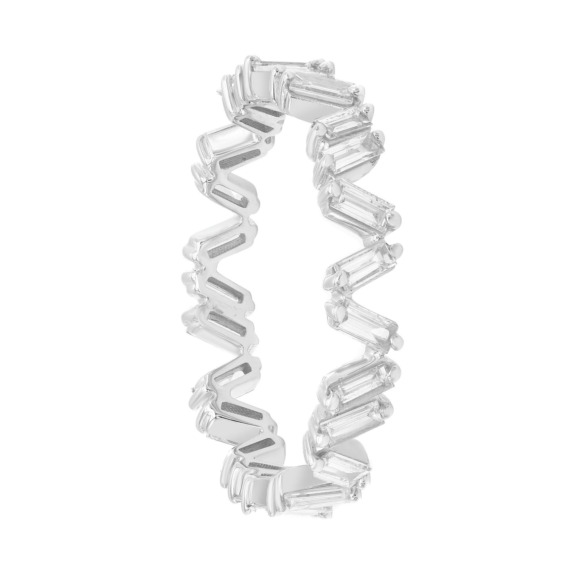 Sparkle with this 14k white gold diamond ring band. This ring features 25 prong set Baguette cut diamonds set all through the ring in a zig zag pattern. This ring is perfect for a promise ring or stackable. Total diamond weight: 0.69 carat. Diamond