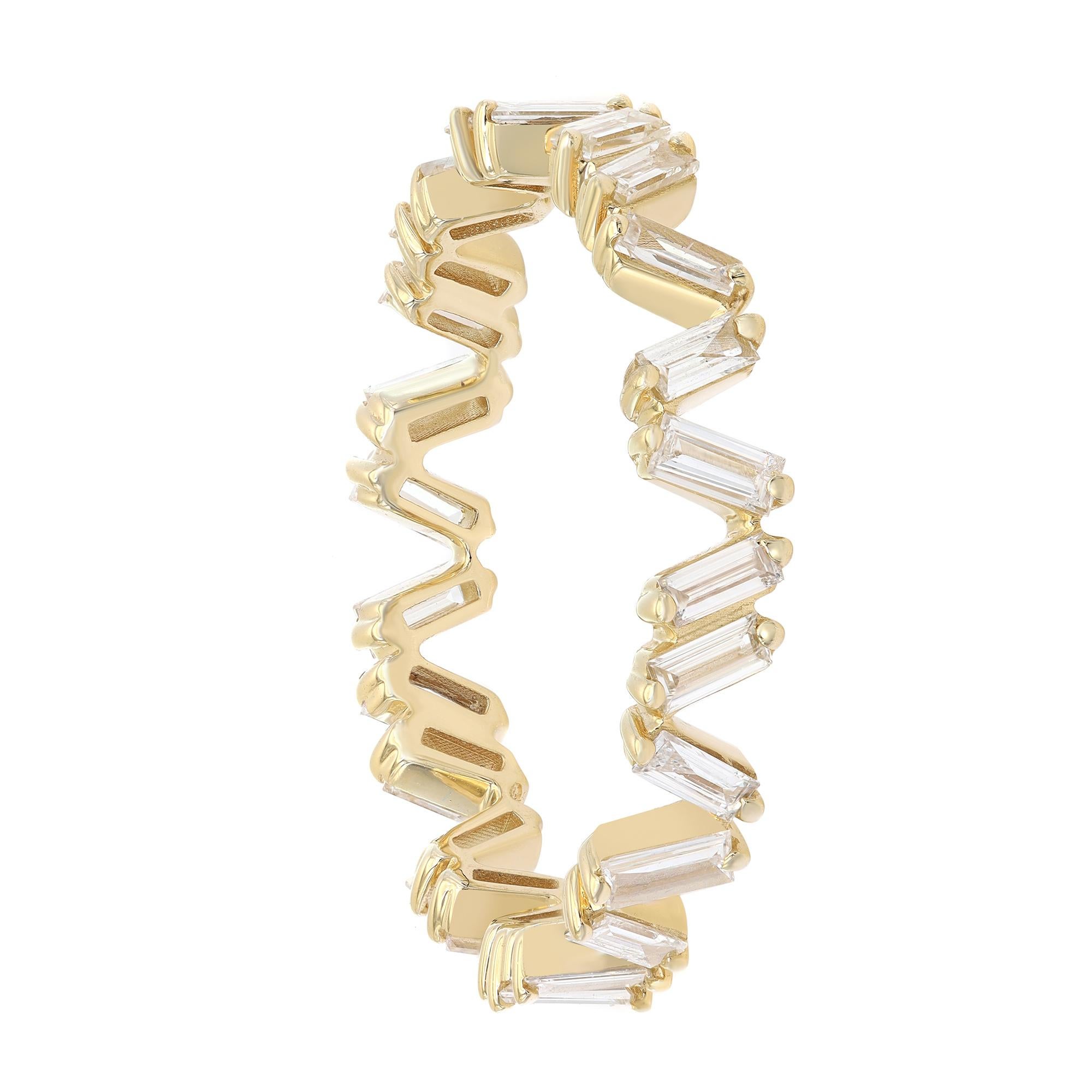 Sparkle with this 14k yellow gold diamond eternity band. This ring features 25 prong set baguette-cut diamonds set all around the ring in a zig-zag pattern. This piece is perfect for a gift or as a promise ring. Diamond color G-H and VS-SI clarity.