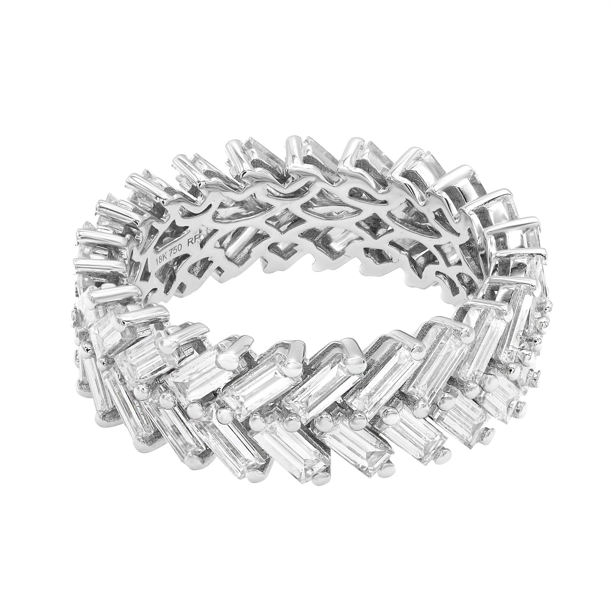 This beautiful diamond eternity ring band features prong set double row of baguette cut sparkling diamonds. Crafted in 18k white gold band. Total diamond weight: 3.62 carats. Diamond quality: color G-H and clarity VS-SI. Band width: 6.6mm. Total