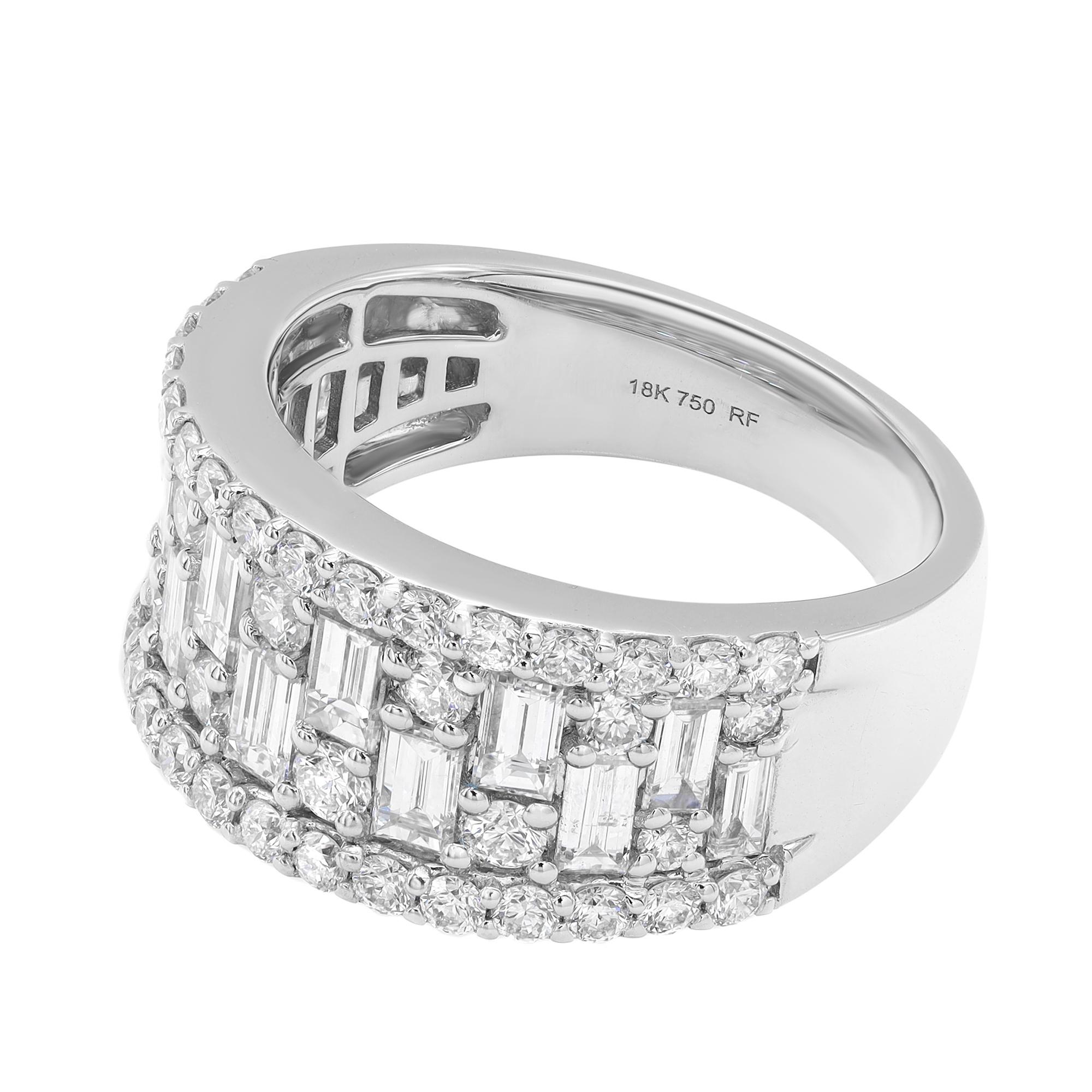 Modern ladies thick band ring crafted in 18k white gold. This ring features baguette cut and round cut sparkling diamonds encrusted in prong setting. Total diamond weight: 2.11 carats. Diamond quality: color G-H and clarity VS-SI. Ring size: 6.75.