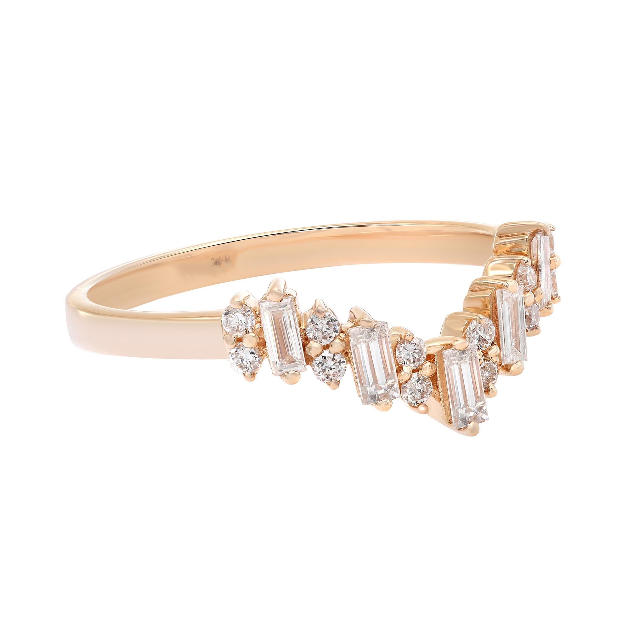 Baguette Cut Rachel Koen Baguette Round Cut Diamond V Shape Ring 14K Rose Gold 0.29Cttw For Sale