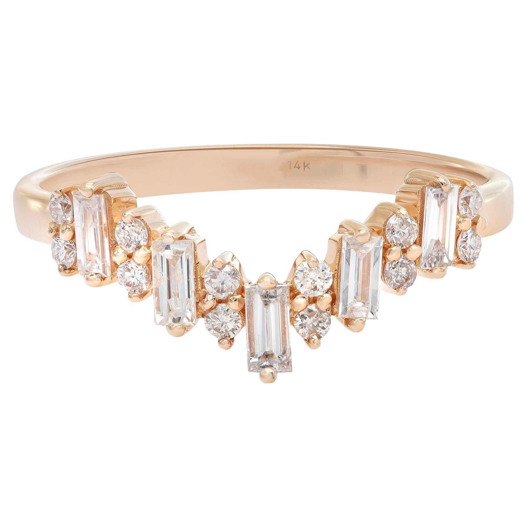 Rachel Koen Baguette Round Cut Diamond V Shape Ring 14K Rose Gold 0.29Cttw For Sale