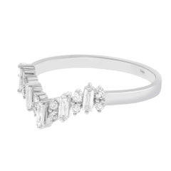 Rachel Koen Baguette Round Cut Diamond V Shaped Ring 14K White Gold 0.29Cttw