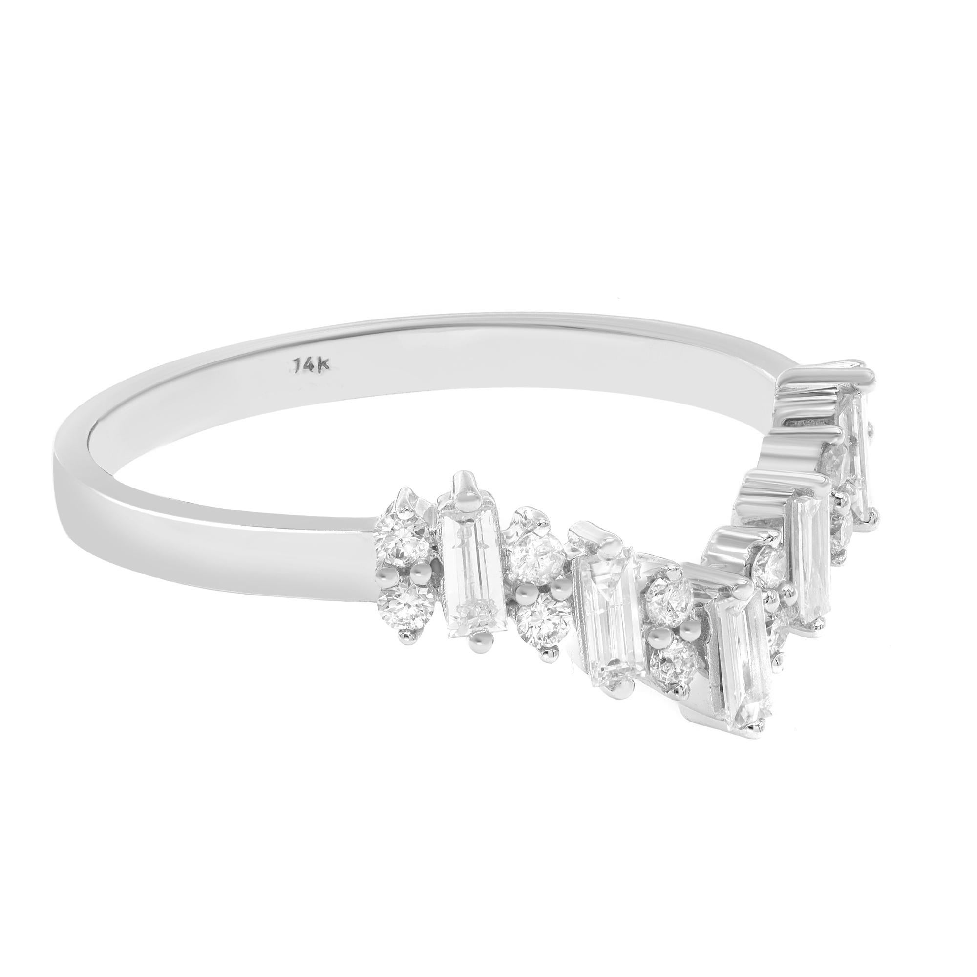 Baguette Cut Rachel Koen Baguette Round Cut Diamond V Shaped Ring 14K White Gold 0.29Cttw For Sale