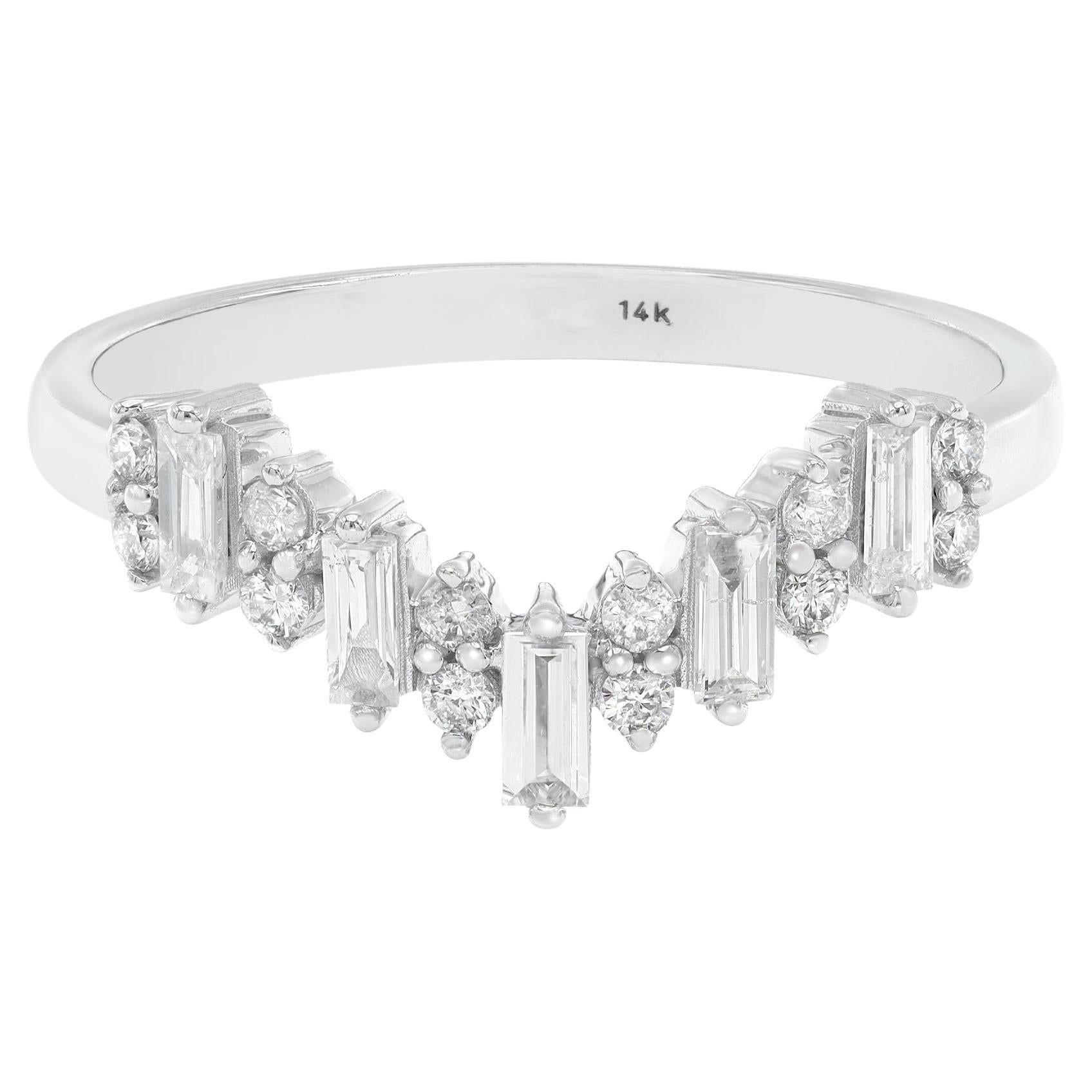 Rachel Koen Baguette Round Cut Diamond V Shaped Ring 14K White Gold 0.29Cttw For Sale