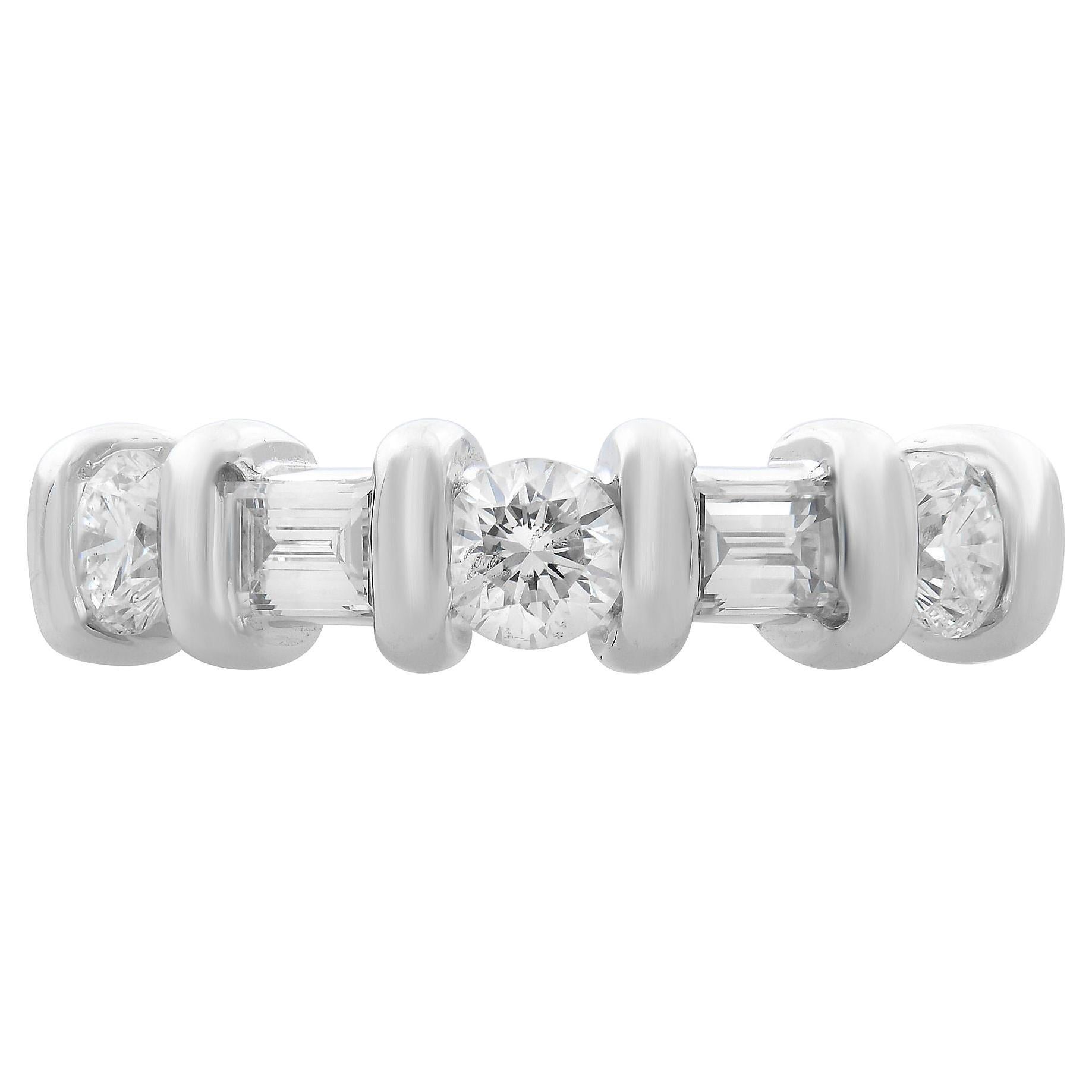 Rachel Koen Baguette Round Diamond Ring 14K White Gold 0.66cttw For Sale
