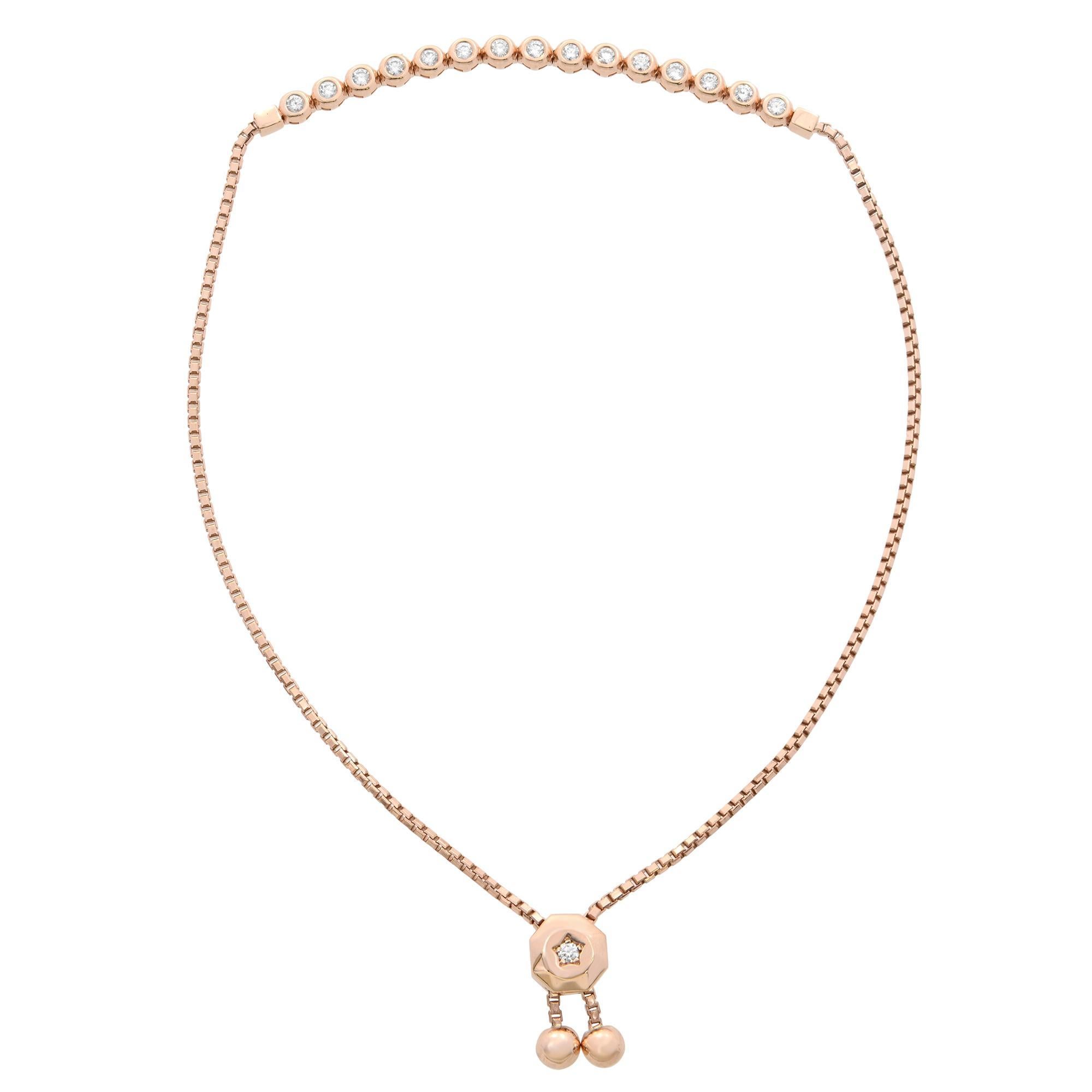 Trendy diamond tennis bolo bracelet with a sliding lariat closure on a delicate box chain. Super comfortable, so easy to wear! The design is shimmered with 17 round brilliant cut diamonds totaling 0.48 carats. The bracelet is made of fine 14K Rose