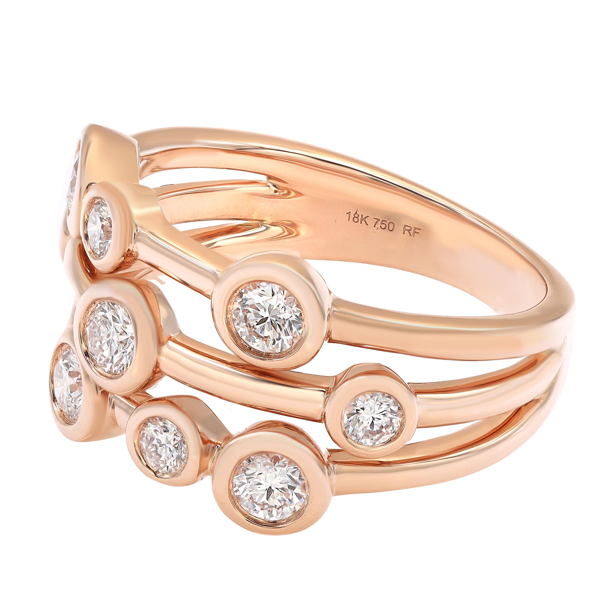 Speak of the bold and beautiful diamond ring design. This ring features 9 bezel set fine round brilliant cut diamonds crafted in high polished 18k rose gold. Total diamond weight: 0.68 carat with color G-H and VS-SI clarity. Ring size: 6.5. Ring