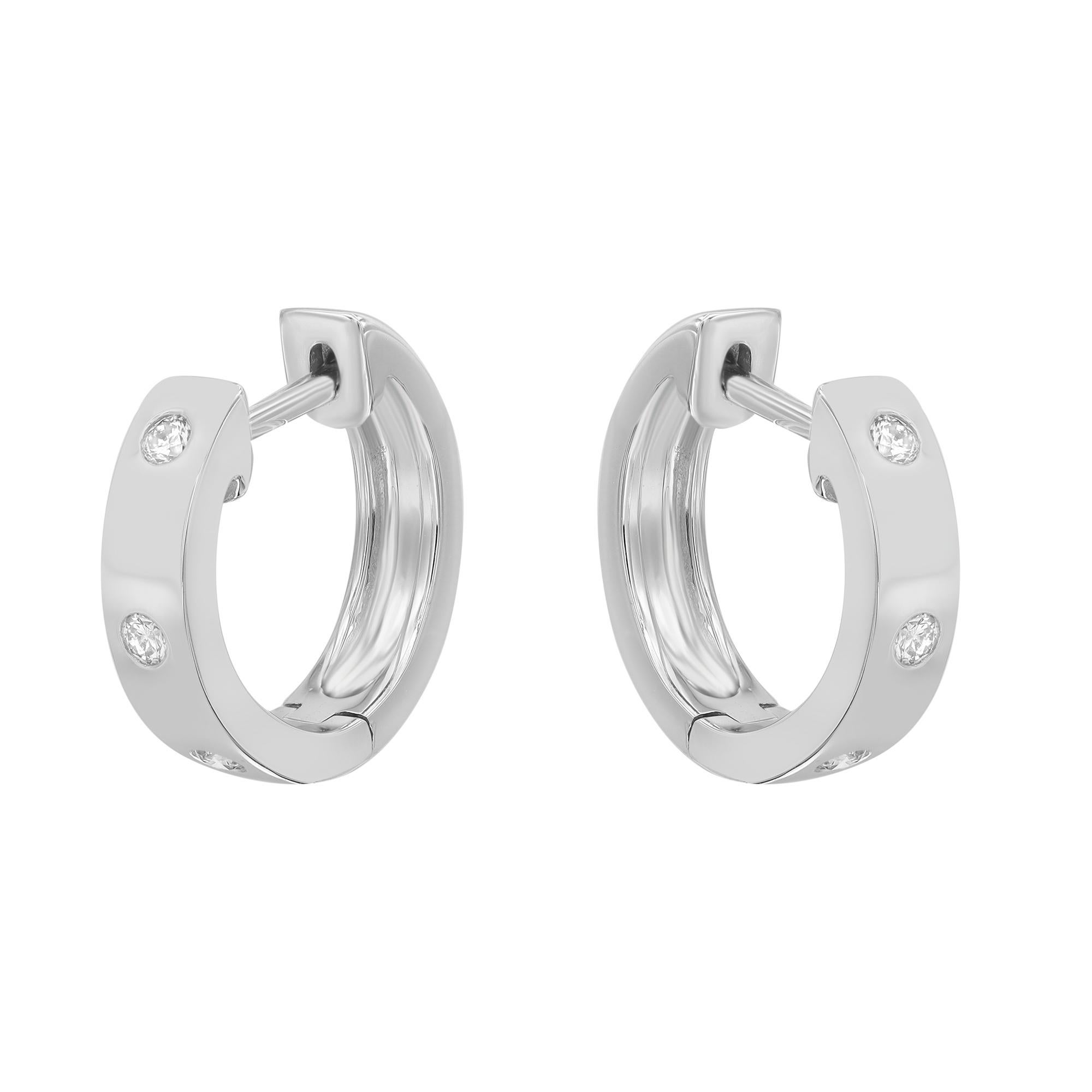 Modern Rachel Koen Bezel Set Round Cut Diamond Huggie Earrings 14K White Gold 0.11cttw For Sale
