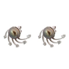 Rachel Koen Black Tahitian Pearl & Diamond Earrings 18K White Gold