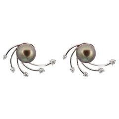 Rachel Koen Black Tahitian Pearl & Diamond Earrings 18K White Gold