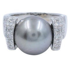 Rachel Koen Black Tahitian Pearl Diamond Ring 18k White Gold 0.75Cttw