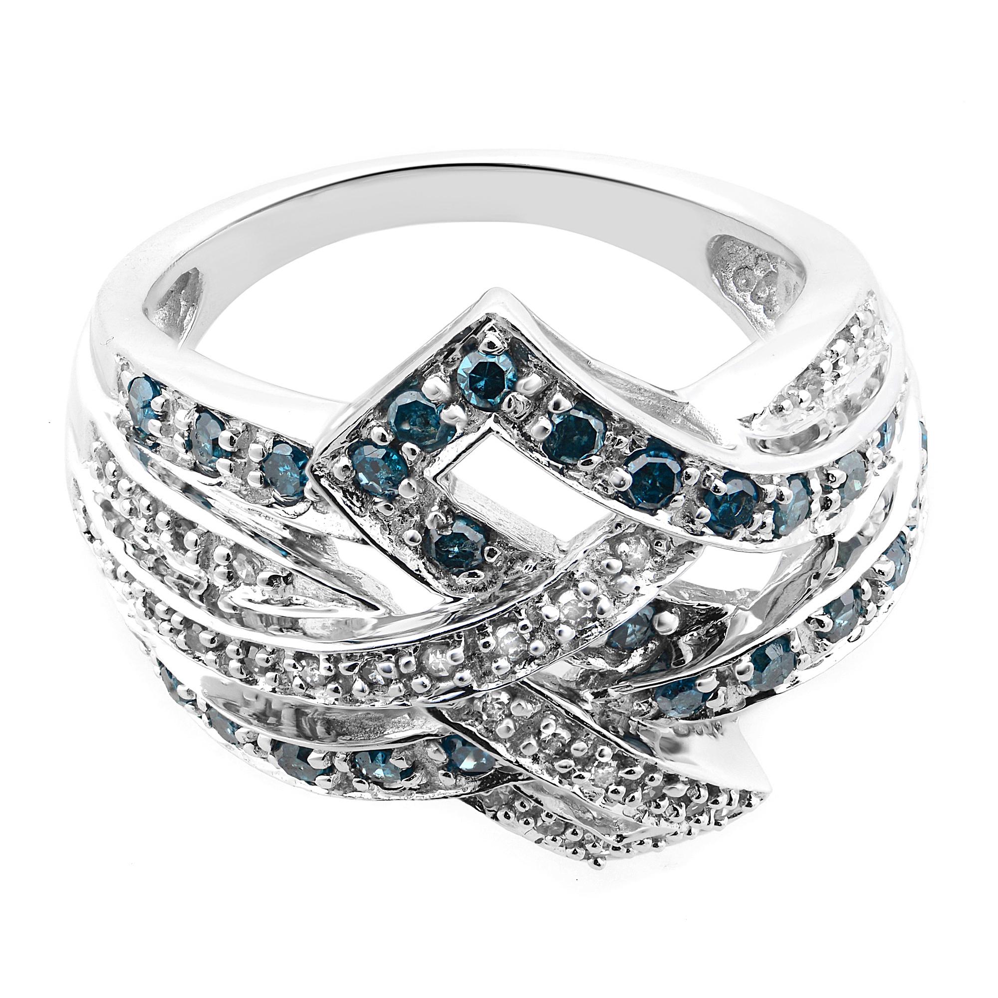 Round Cut Rachel Koen Blue and White Diamonds Cocktail Ring 10K White Gold 1.00cttw For Sale