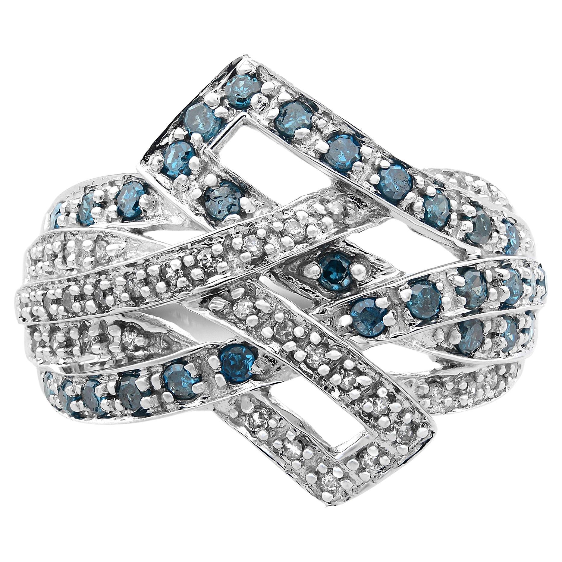 Rachel Koen Blue and White Diamonds Cocktail Ring 10K White Gold 1.00cttw For Sale
