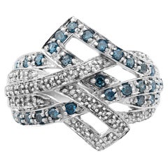 Rachel Koen Blue and White Diamonds Cocktail Ring 10K White Gold 1.00cttw