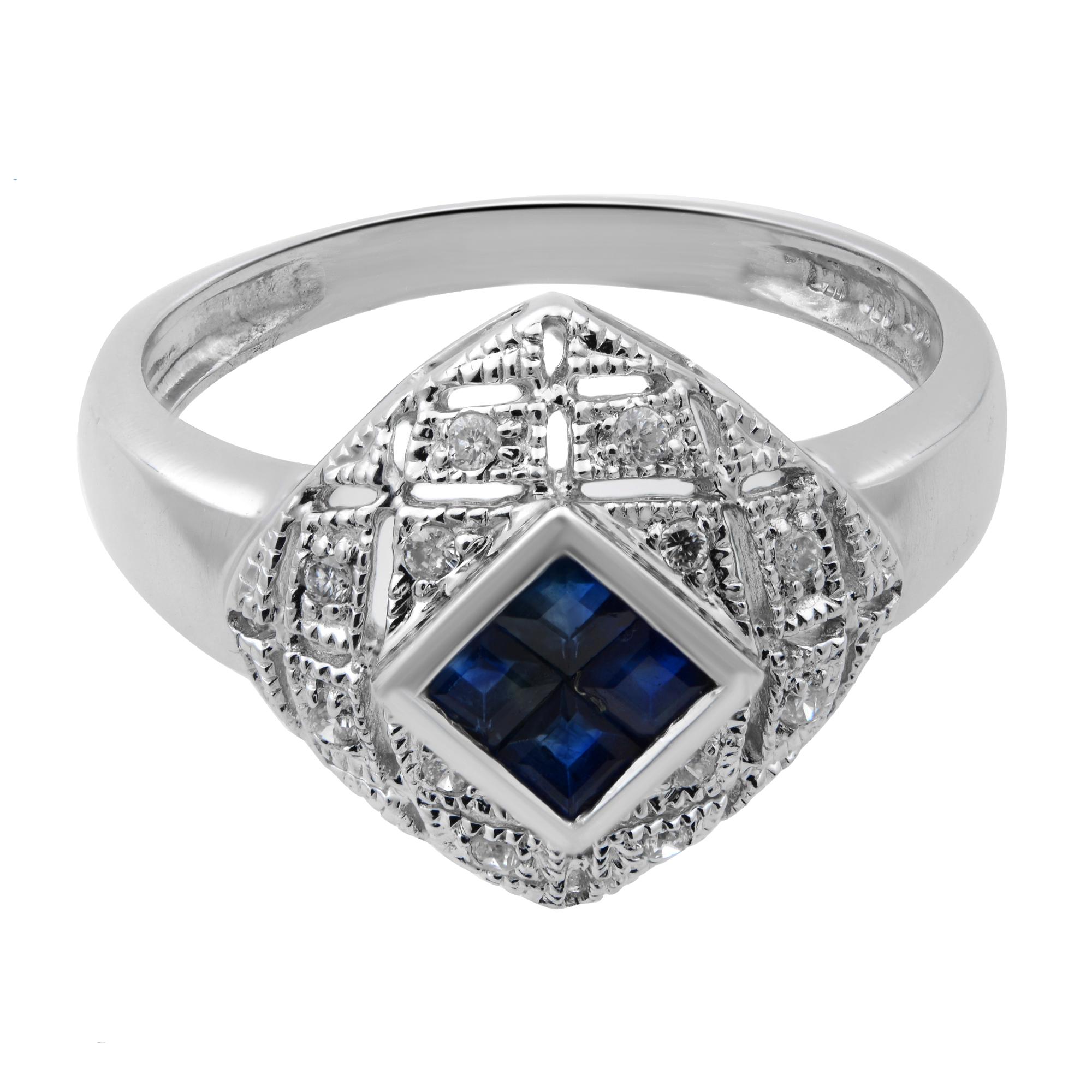 This beautiful ladies ring is encrusted with 0.25 carat of princess cut blue sapphire and 0.10 carat of white shimmering diamonds. The ring is crafted in 14K white gold. Ring size 7. Total weight: 3.30 grams. Great preowned condition. Comes with a