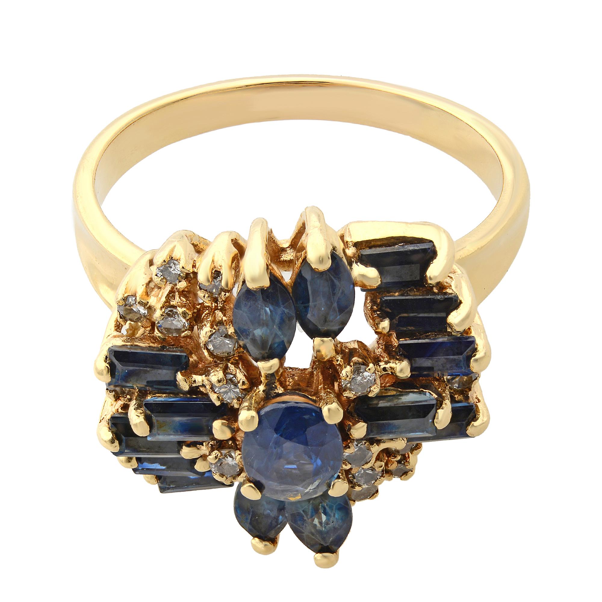 This ring beautiful cocktail ring is set with 2.00cttw of Blue Sapphires and 0.20cttw of tiny round cut diamonds. The ring is crafted in 14k yellow gold. Ring size 8. Comes with a presentable gift box. 
