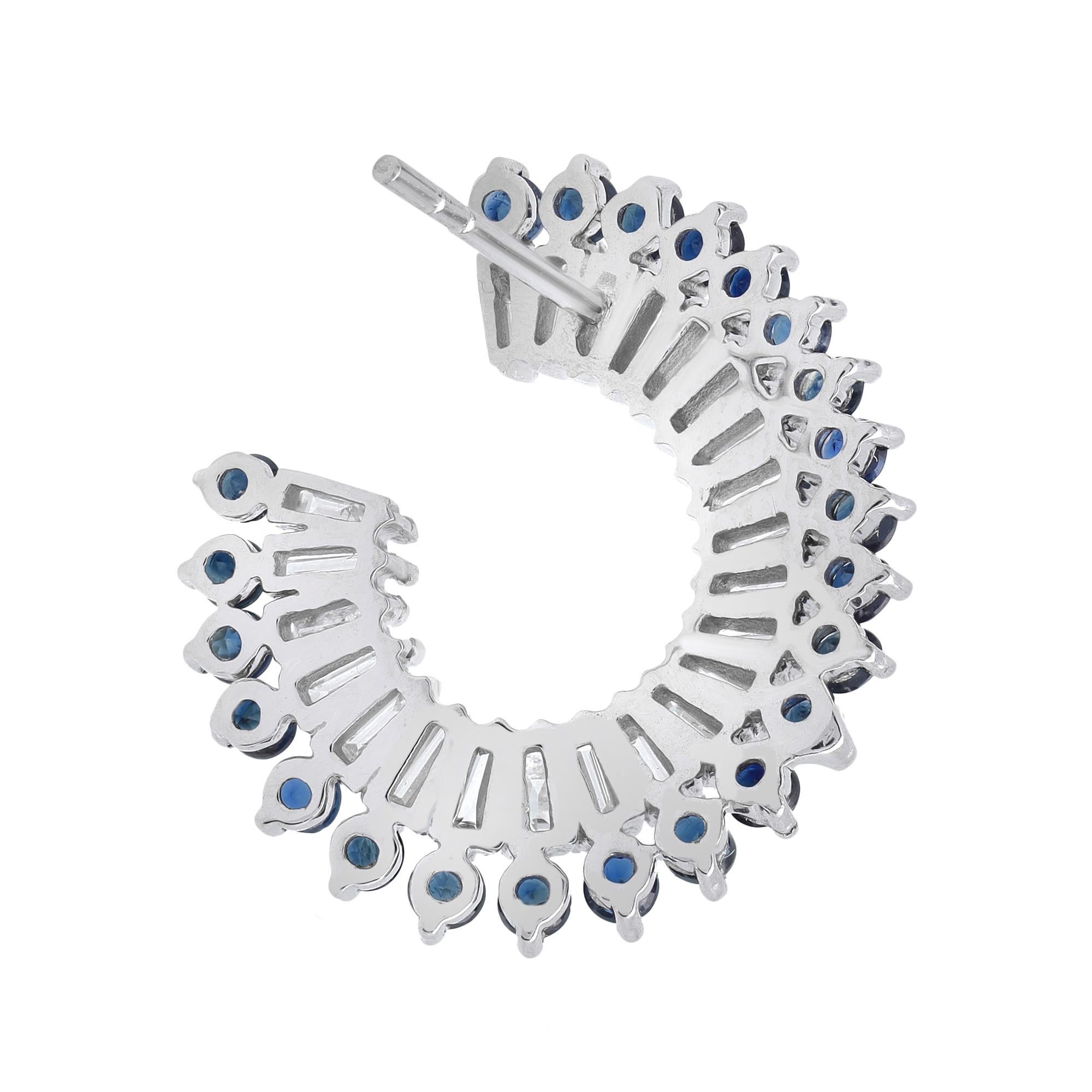 Modern Rachel Koen Blue Sapphire & Diamond Hoop Earrings 14K White Gold For Sale