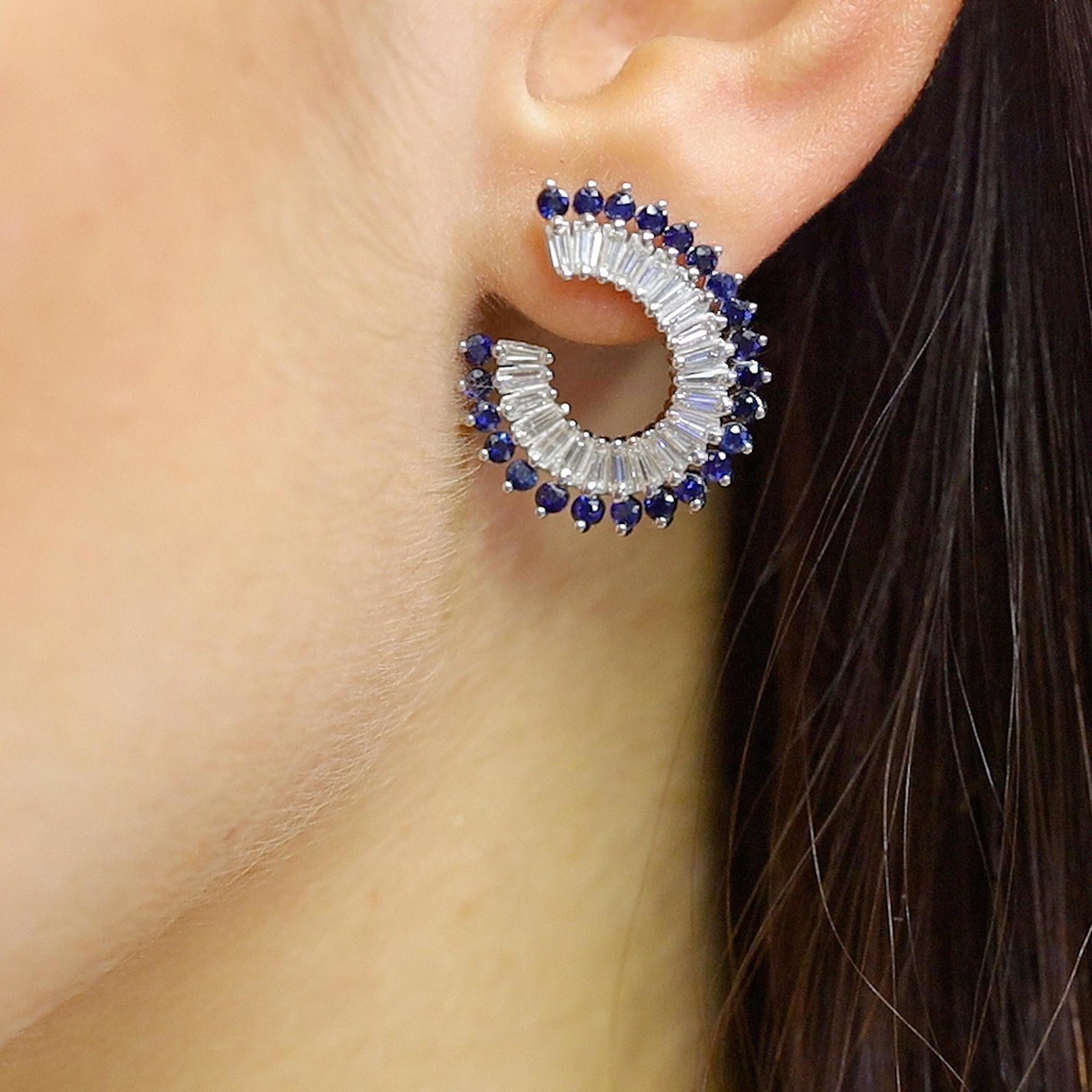 Baguette Cut Rachel Koen Blue Sapphire & Diamond Hoop Earrings 14K White Gold For Sale