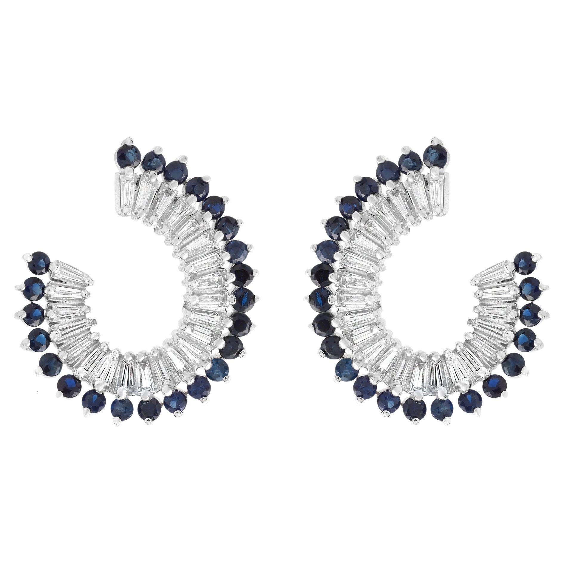 Rachel Koen Blue Sapphire & Diamond Hoop Earrings 14K White Gold For Sale