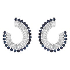 Rachel Koen Blue Sapphire & Diamond Hoop Earrings 14K White Gold
