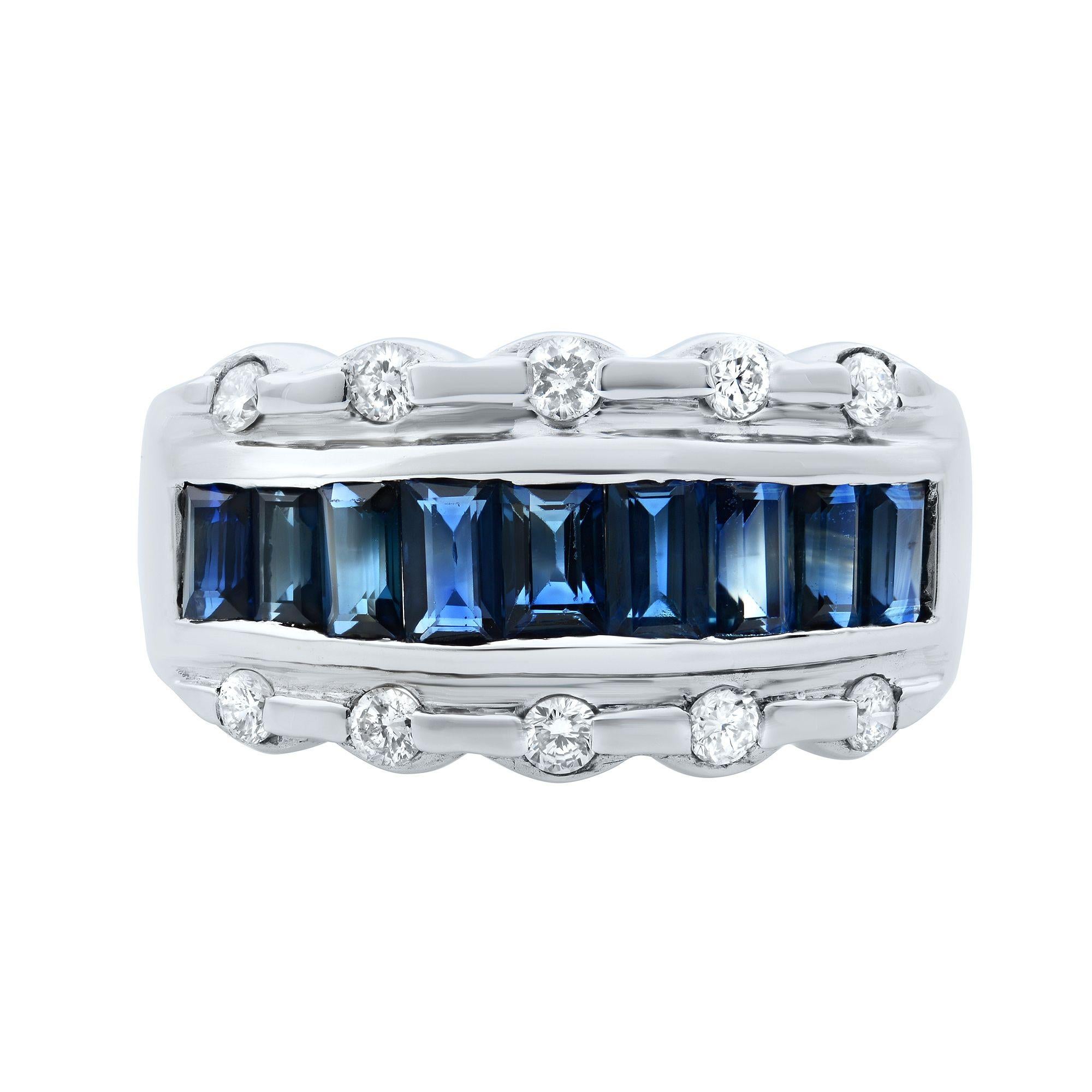 18k white gold triple row band ring with blue emerald cut sapphires set in the middle with round cut diamond on the side. Total carat weight of blue sapphires: 1.50 carat. Diamonds: 0.25 carat. Ring Size 8. Comes with a presentable gift box. 