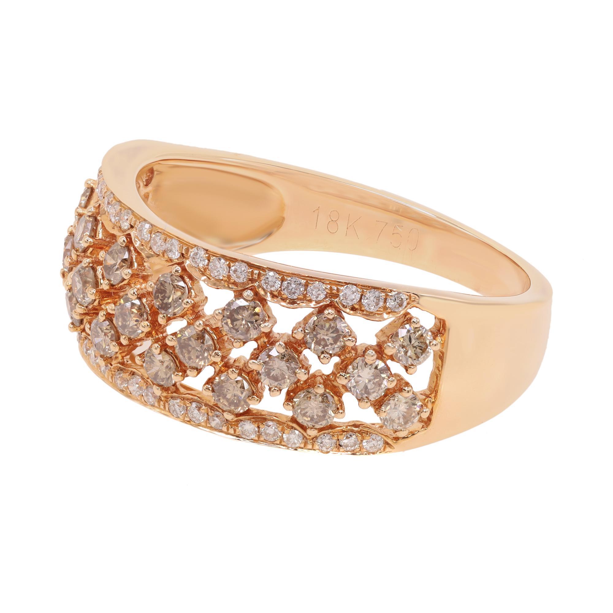 Round Cut Rachel Koen Brown and White Diamond Wide Band 18K Rose Gold 0.89Cttw For Sale