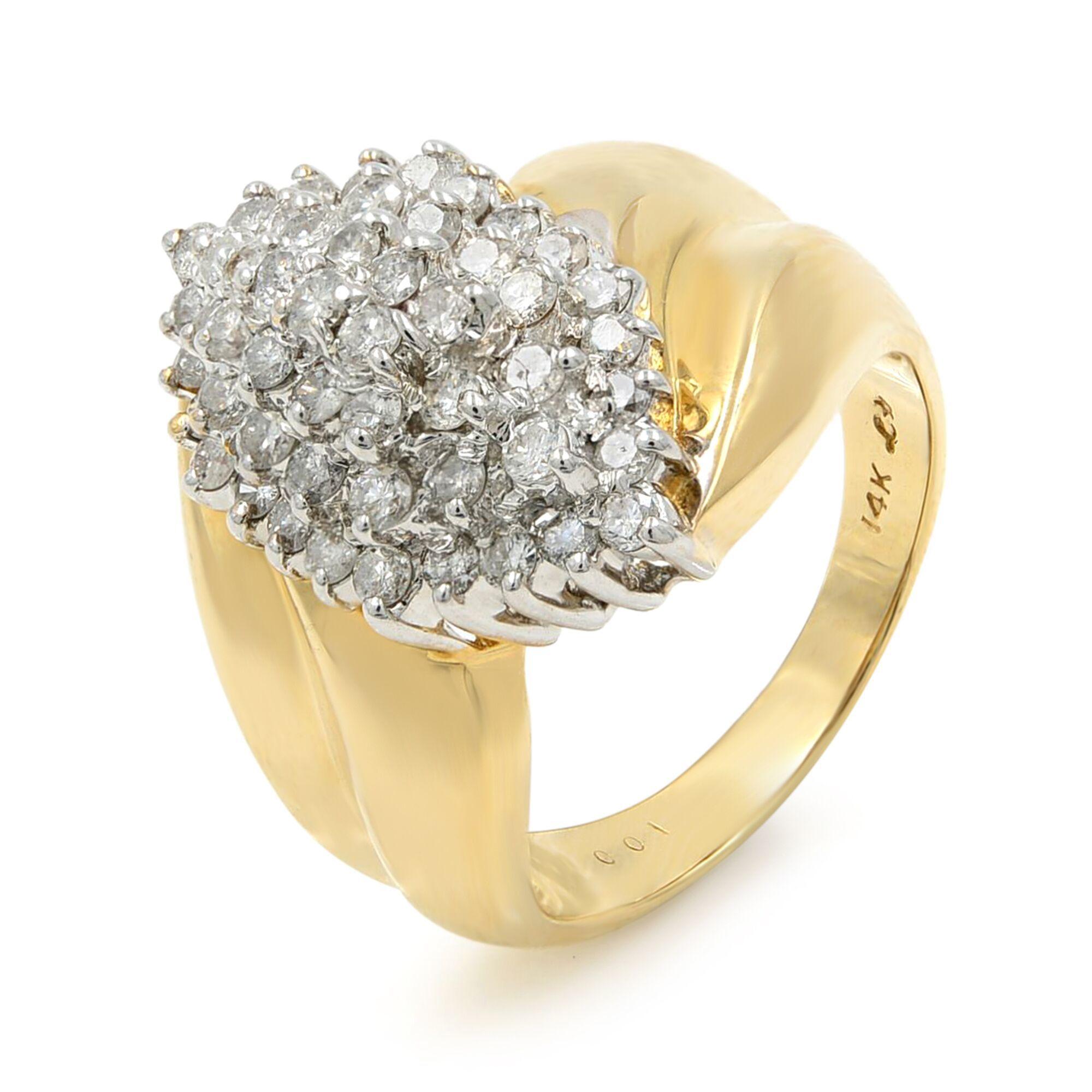 Round Cut Rachel Koen Cluster Diamond Ring 14K Yellow Gold 1.30cttw For Sale