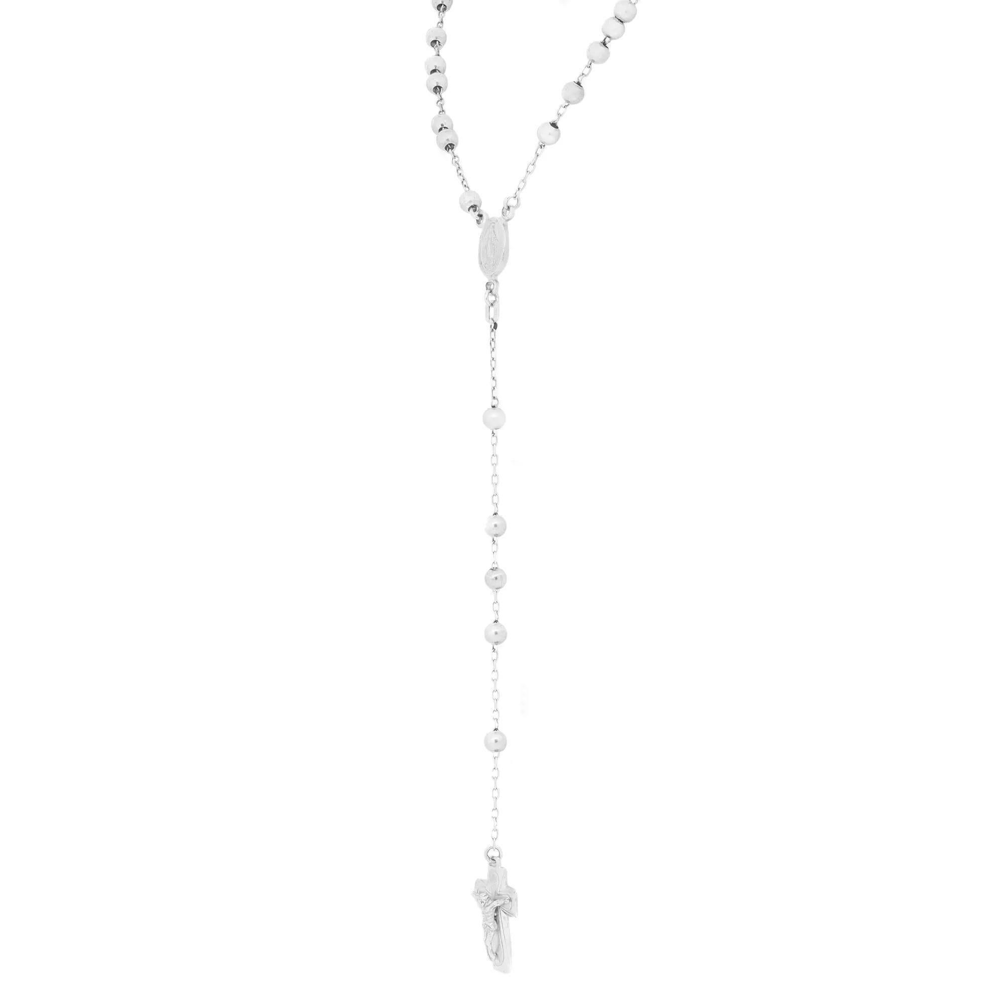 Rachel Koen Cross Rosary Lariat Necklace 14k White Gold In Excellent Condition For Sale In New York, NY