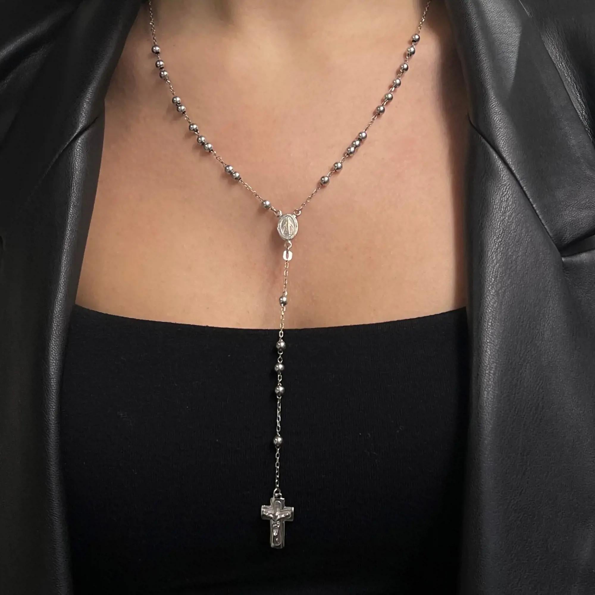 Rachel Koen Cross Rosary Lariat Necklace 14k White Gold For Sale 1