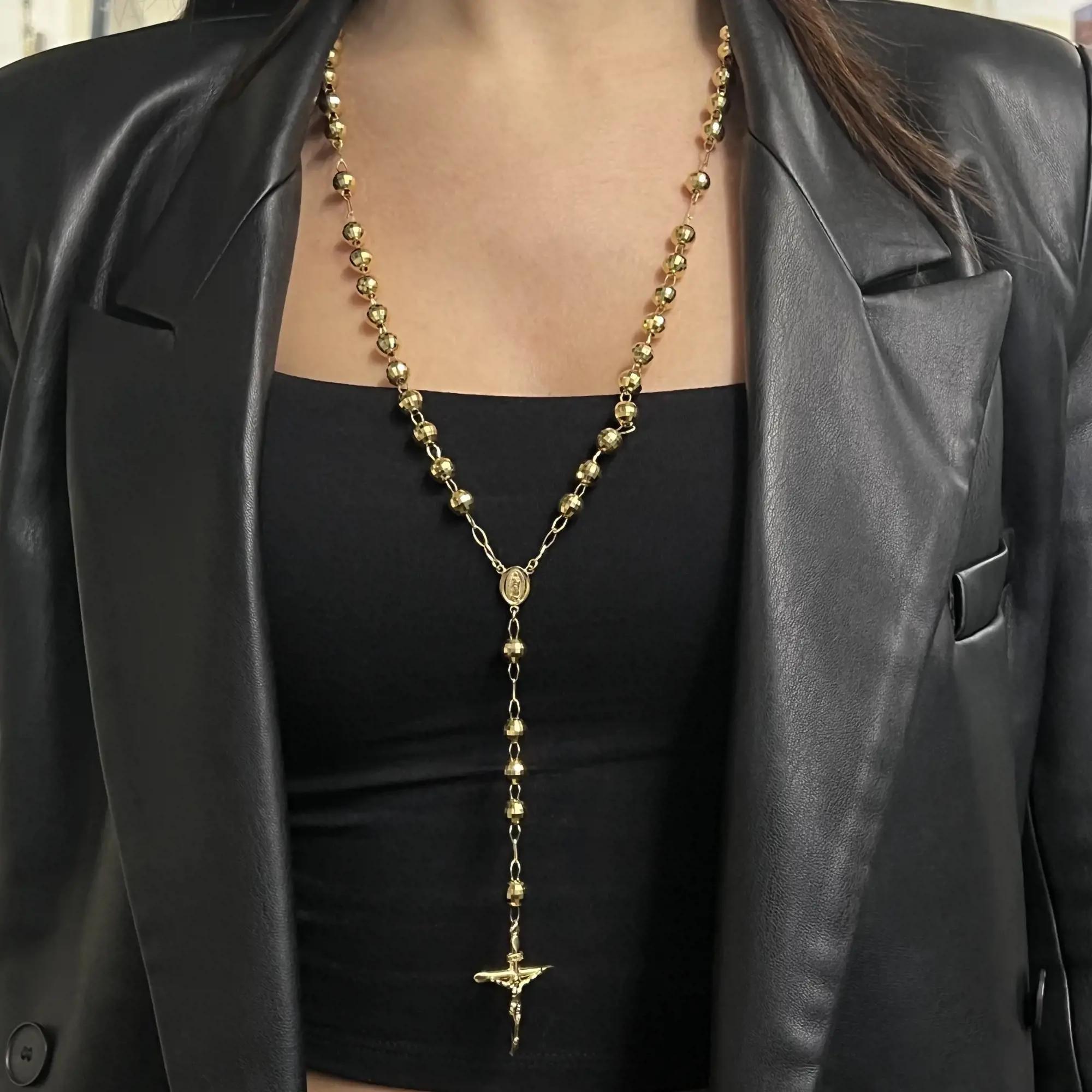Modern Rachel Koen Cross Rosary Lariat Necklace 14K Yellow Gold For Sale