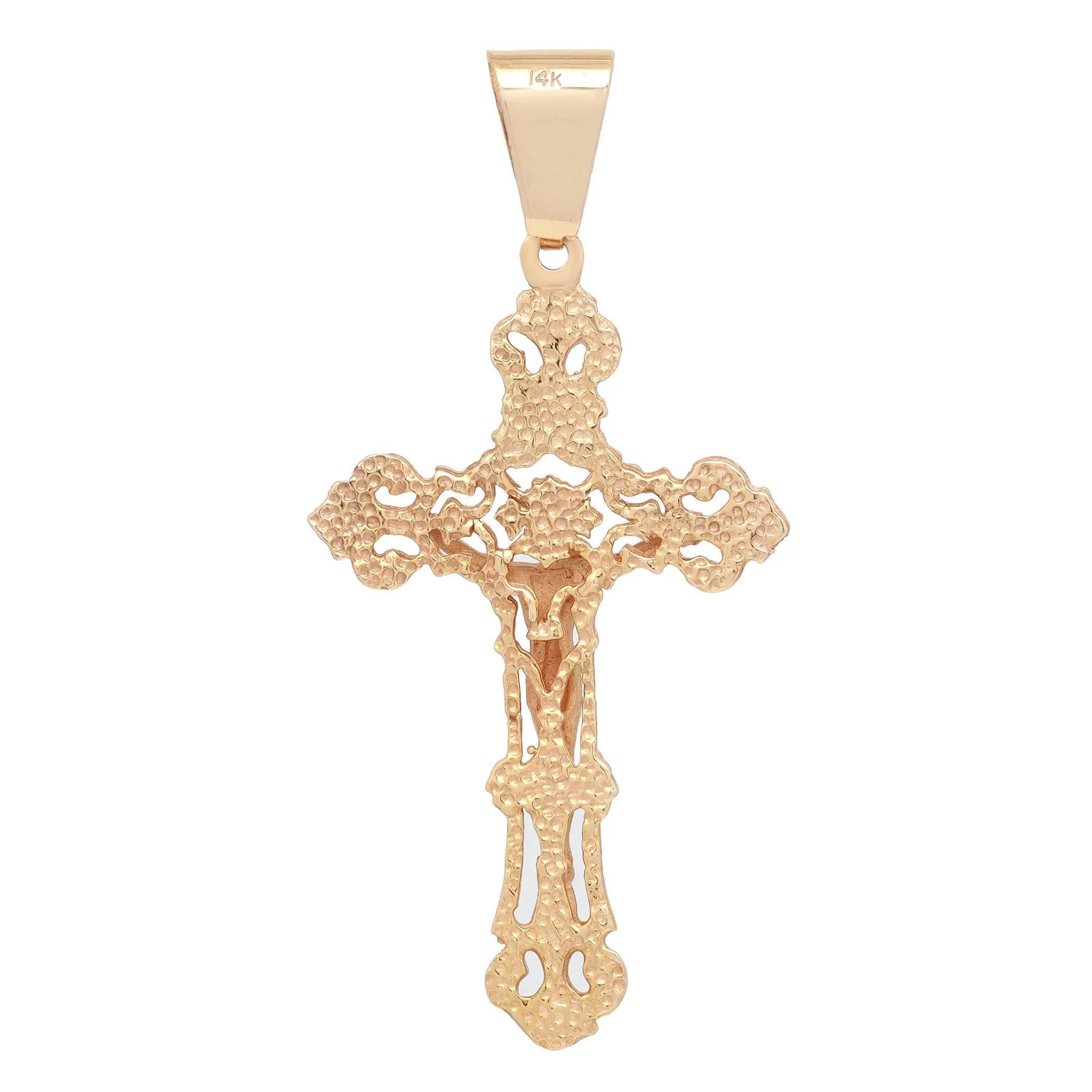 This meaningful cross pendant shines in lustrous 14K yellow gold. Features a crucifix filigree cross pendant. Pendant size: 2.5 inches x 1.3 inches. Total weight: 6.30 grams. Minimalist and stylish, perfect for everyday wear. Comes with a