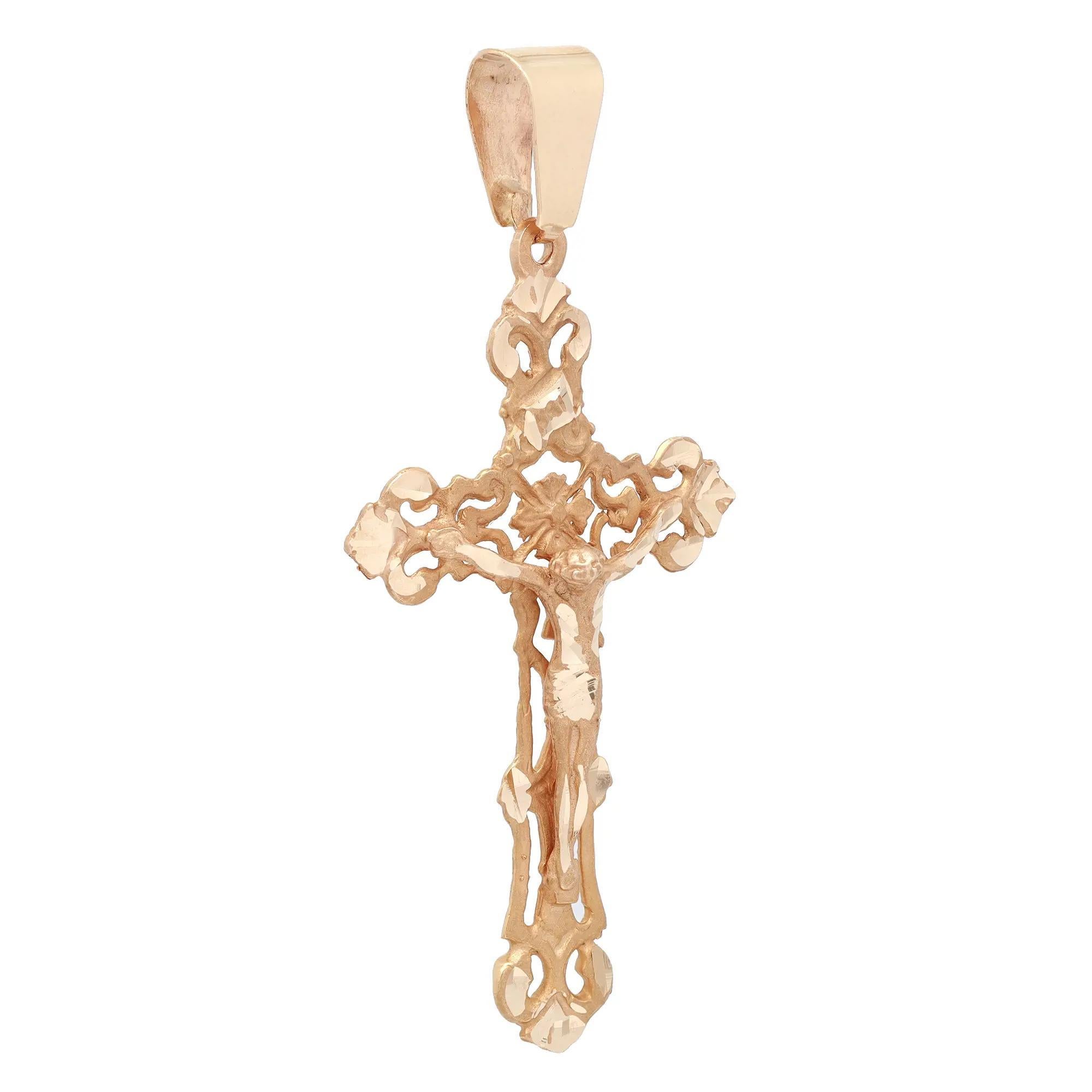 Modern Rachel Koen Crucifix Filigree Cross Pendant 14k Yellow Gold For Sale
