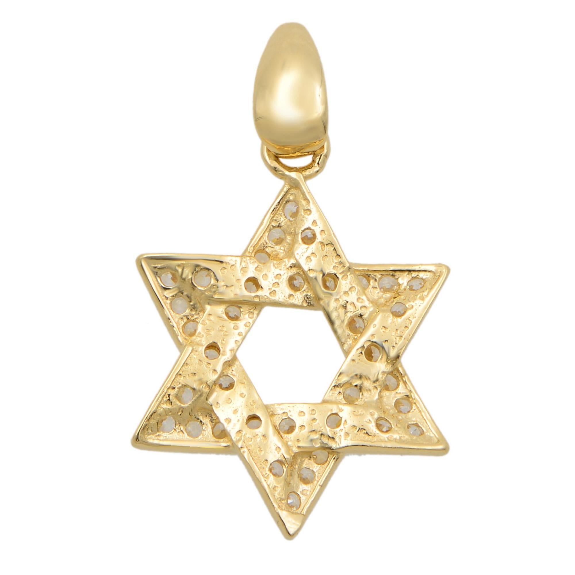 This gorgeous pendant showcases a classic elegant design featuring a Star of David charm sparkling with beautiful white Cubic Zirconia stones. The pendant is crafted in 14k yellow gold. Get it for your loved one, or treat yourself to a classic