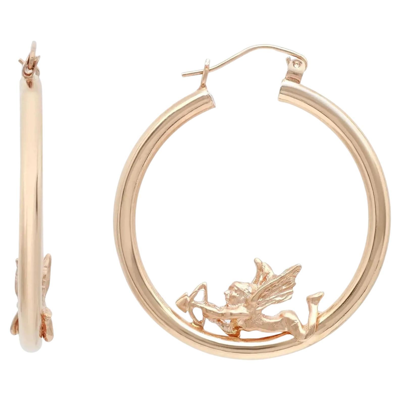 Rachel Koen Cupid Angel Hollow Round Hoop Earrings 14k Yellow Gold For Sale