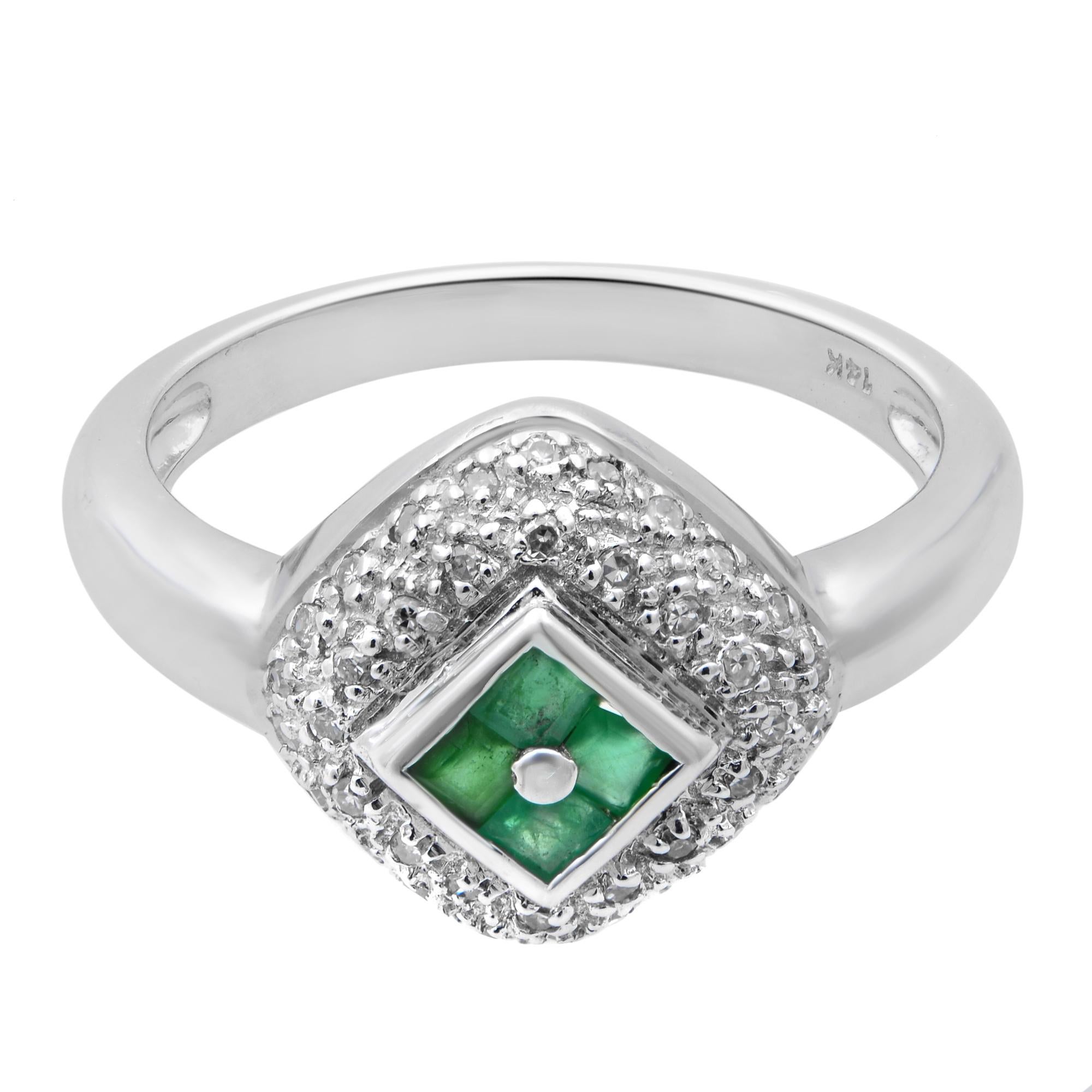 Modern Rachel Koen Diamond & Green Emerald Ladies Ring 14K White Gold Size 6.5 For Sale