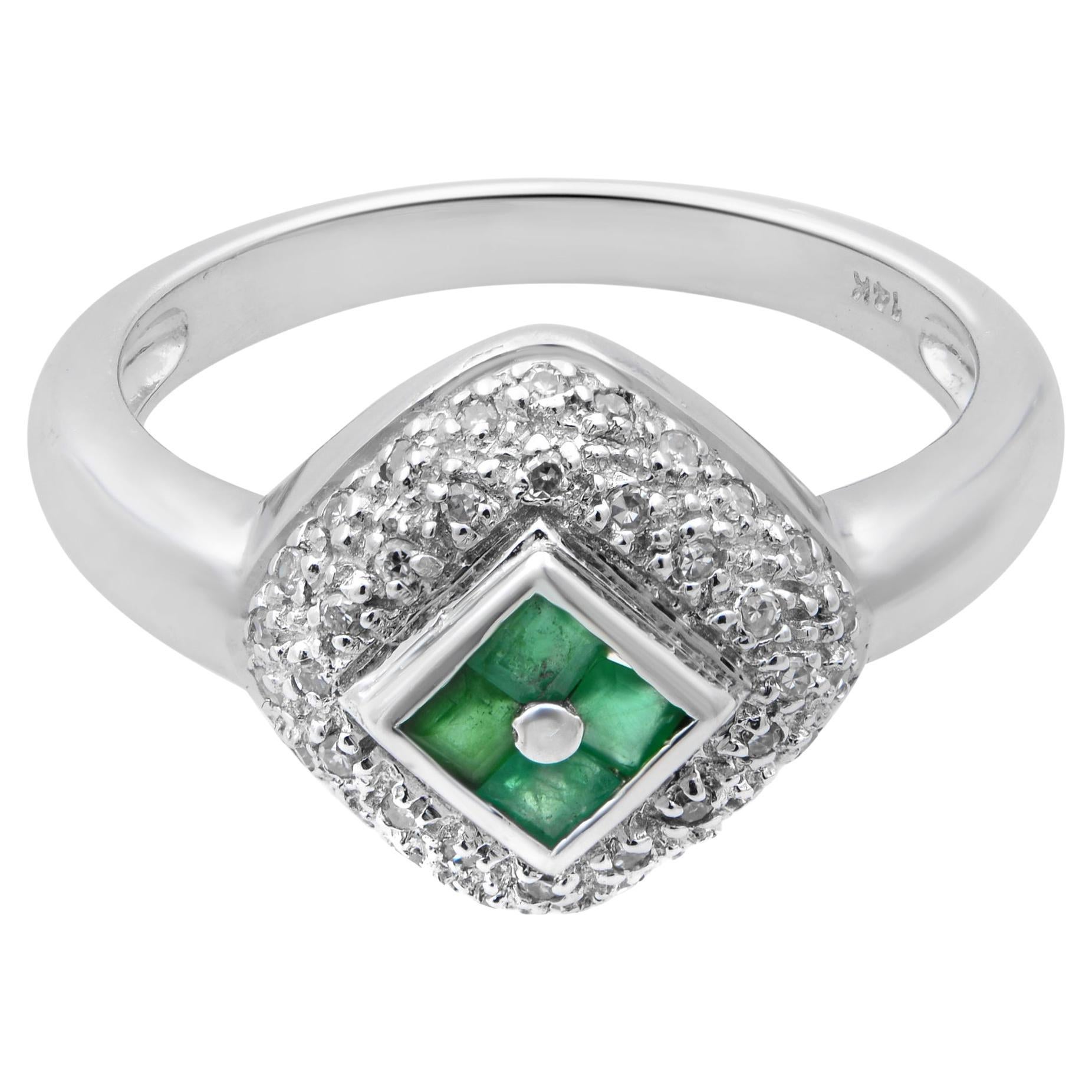 Rachel Koen Diamond & Green Emerald Ladies Ring 14K White Gold Size 6.5