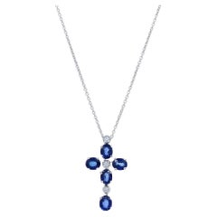 Rachel Koen Diamond and Blue Sapphire Cross Pendant Necklace 18K White Gold