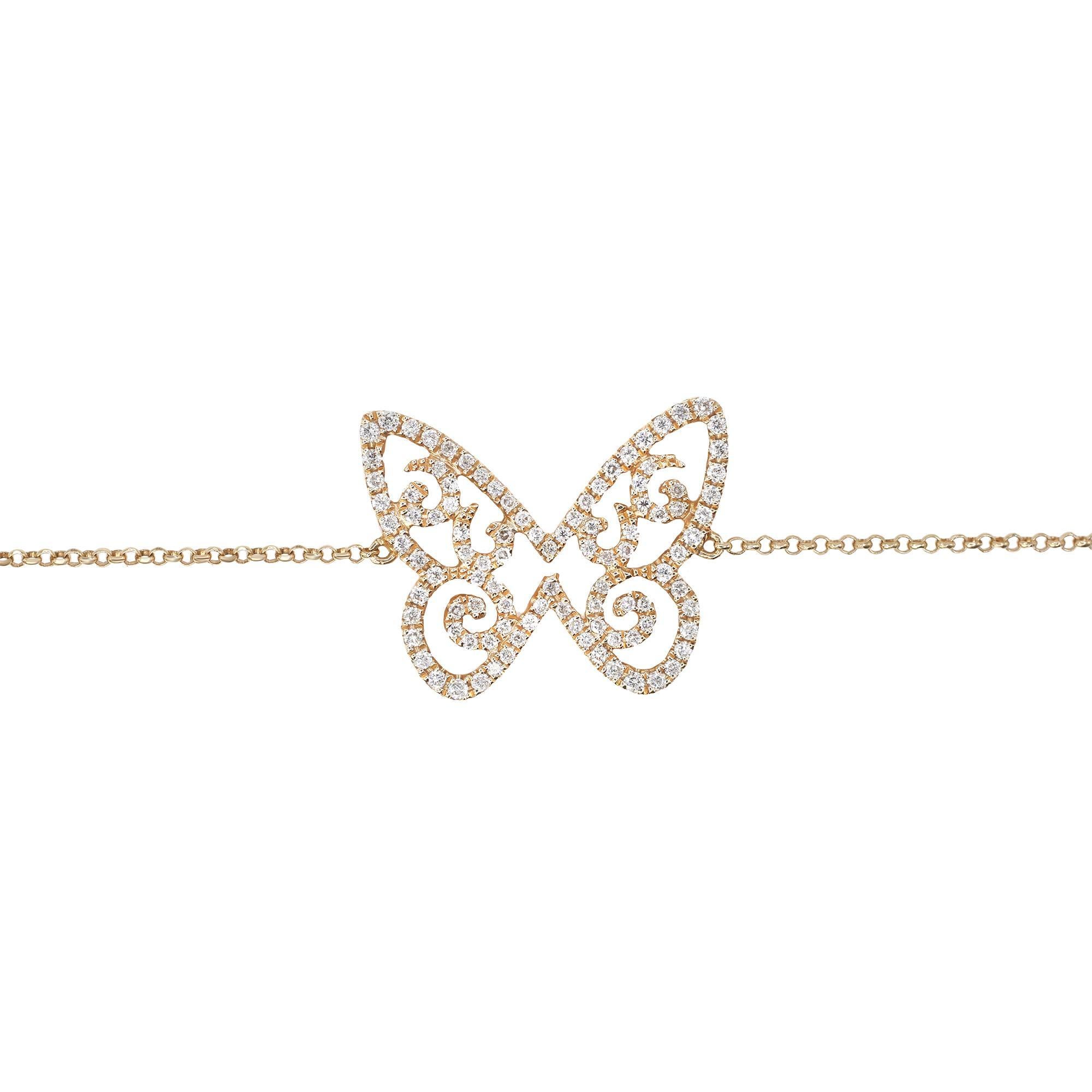 Butterflies are deep & powerful representations of life. Shop our special diamond butterfly chain bracelet  in 18k rose gold. This piece features 0.46cttw of round cut diamonds. Diamond color I and SI-I clarity. Length: 7.25 inches. Adjustable