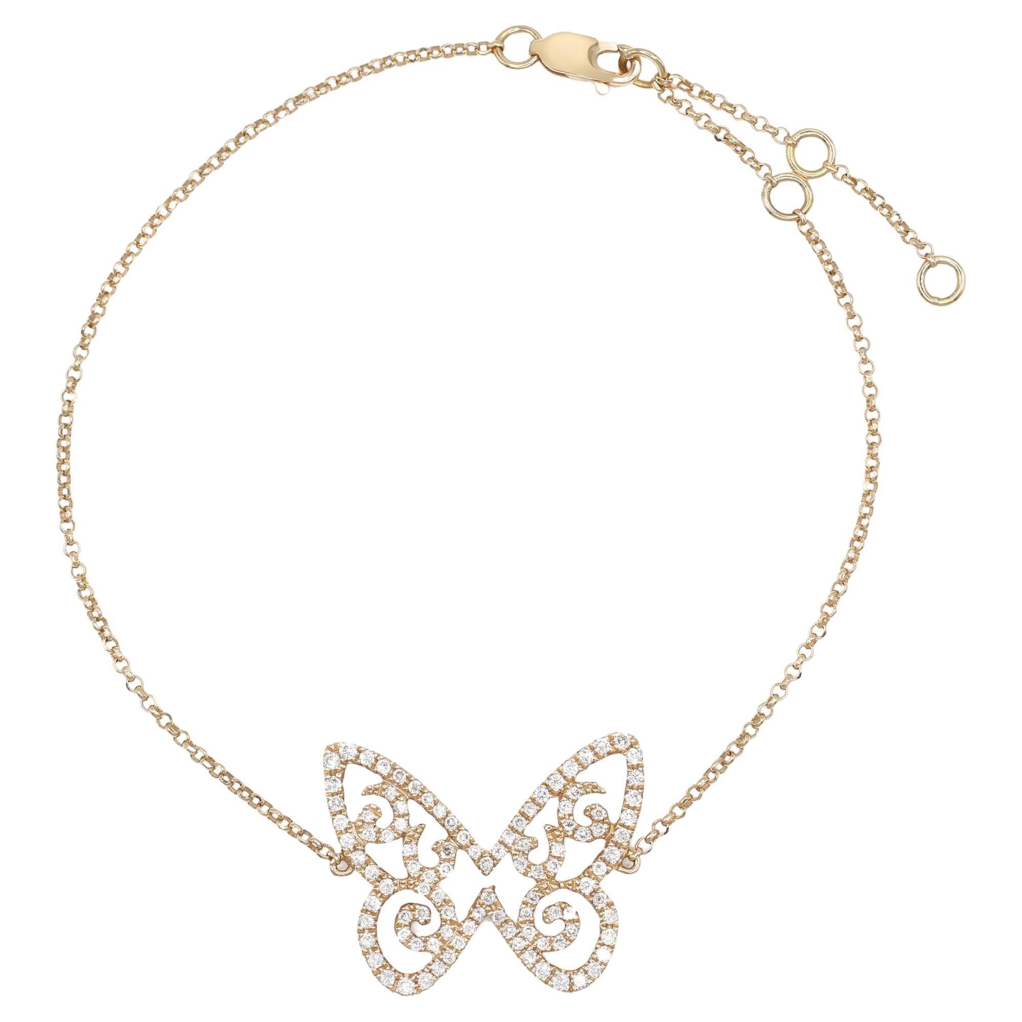 Rachel Koen Diamond Butterfly Chain Bracelet 18K Rose Gold 0.46cttw For Sale