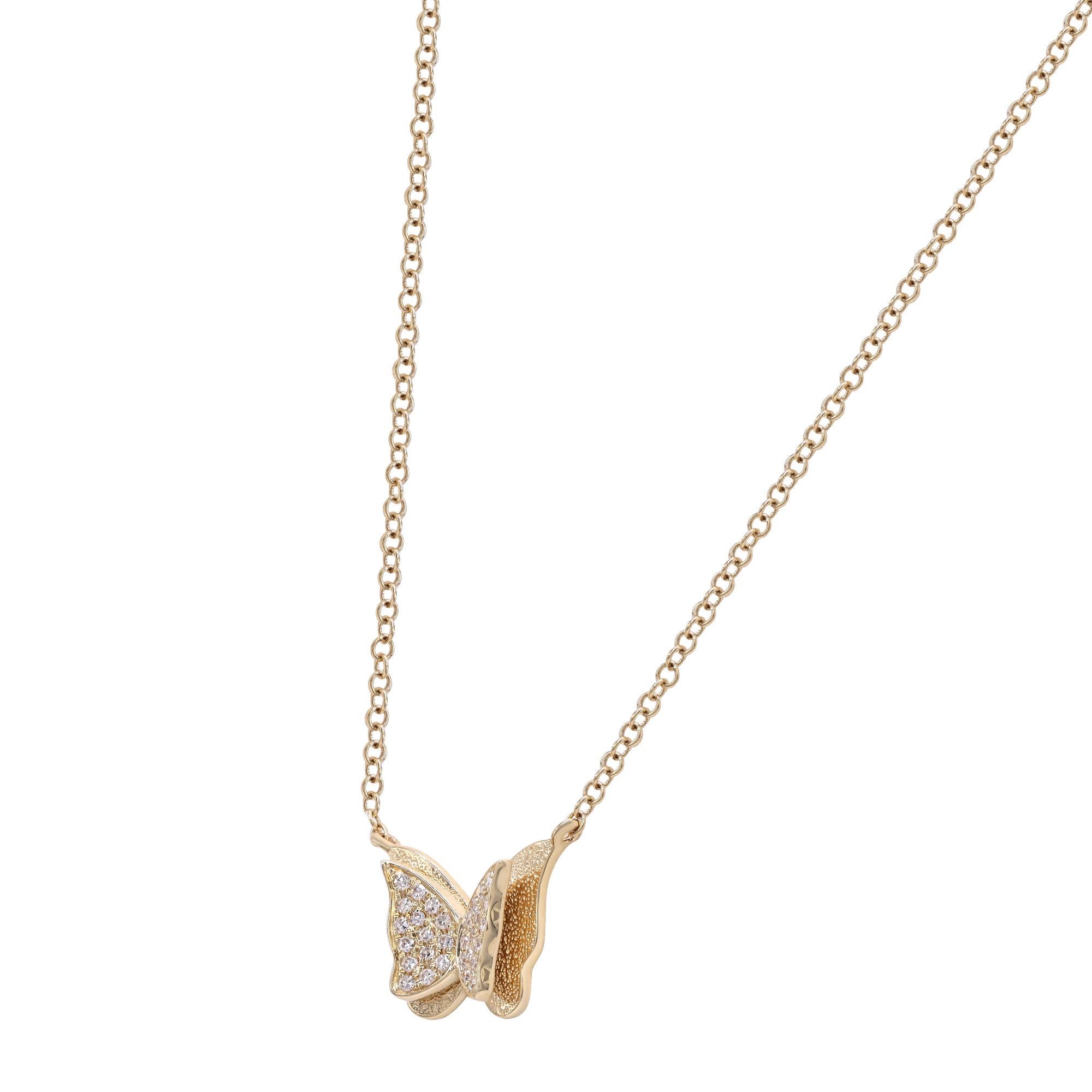 Charming and sweet, this butterfly necklace makes any day special. Crafted in 14k yellow gold, its stackable and perfect for everyday wear. This necklace features two attached butterflies with one encrusted with pave set round cut diamonds weighing