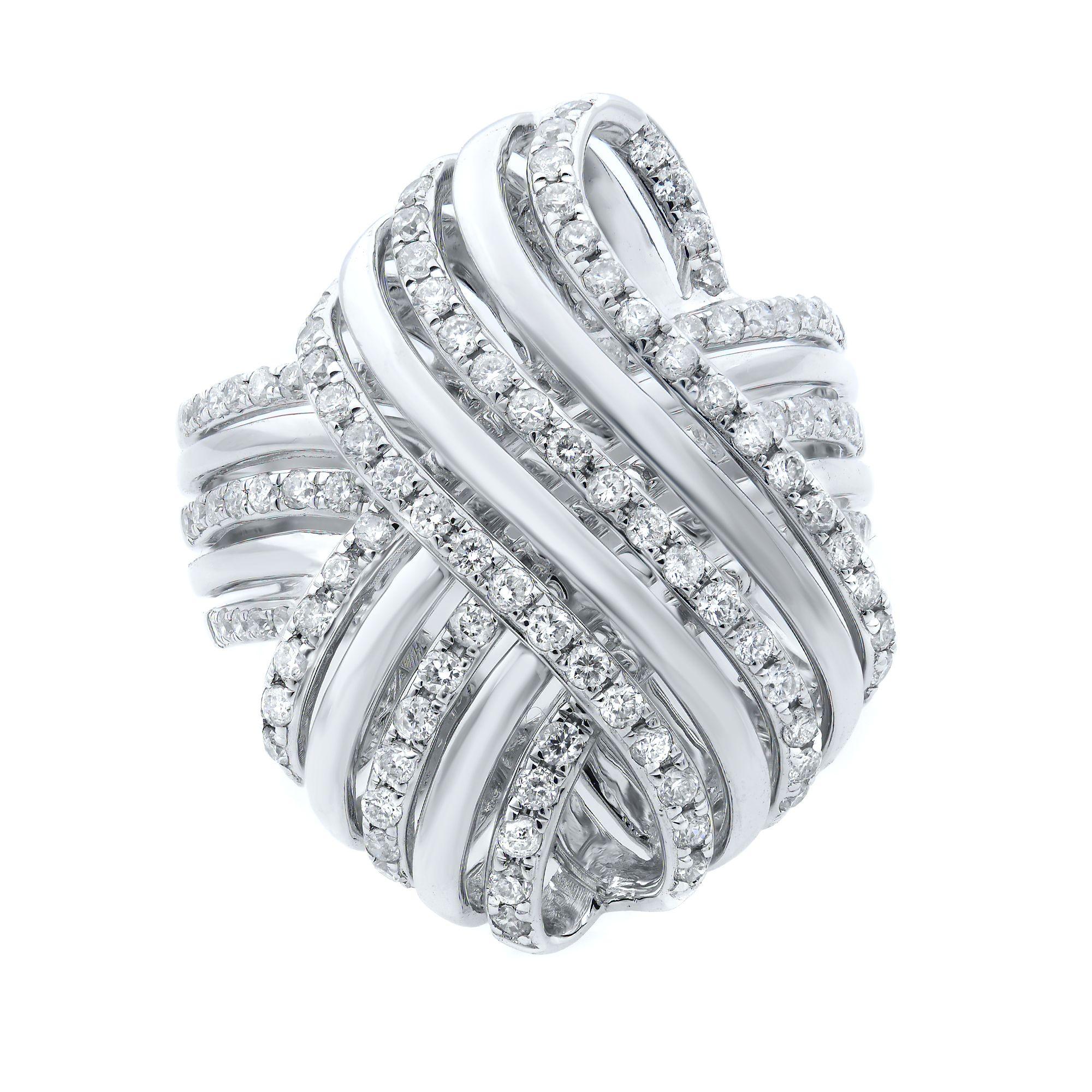 This beautiful cocktail ring features sparkling round cut diamonds encrusted in a knotted design. Crafted in high polished 14k white gold mounting. Total diamond weight is approximately 0.87ct with estimated clarity VS2 and G color. Ring size 7.