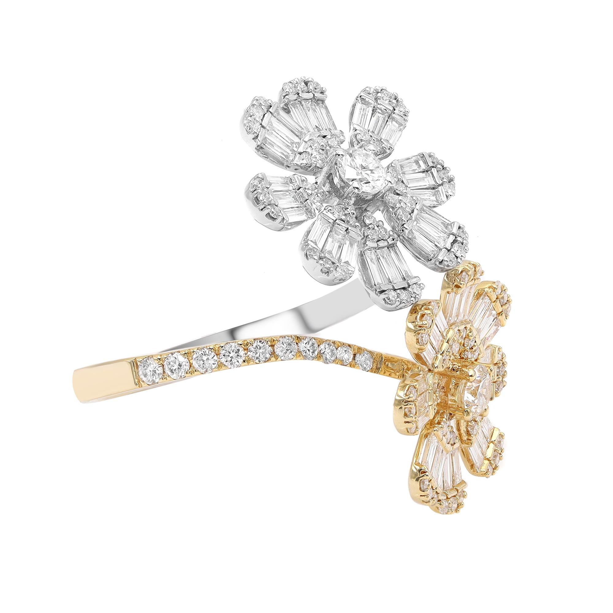 Fun and beautiful diamond criss cross flower cocktail ring. This ring features two beautifully crafted flowers in 18k white and yellow gold, encrusted with dazzling round and baguette cut diamonds. A great pick for any occasion. Total diamond