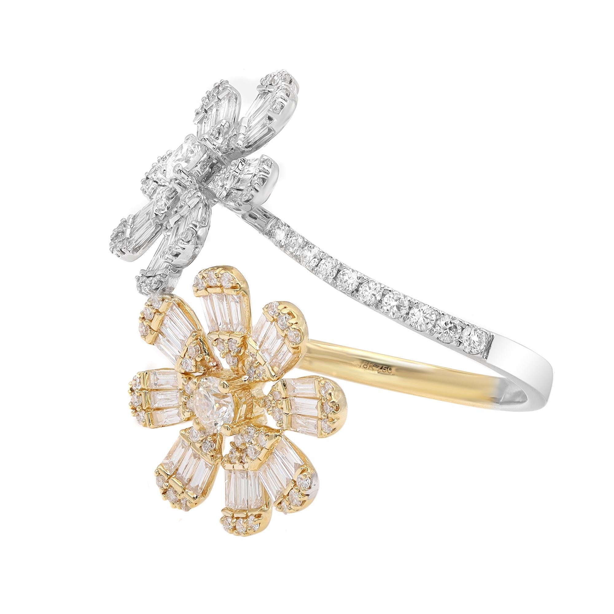 Modern Rachel Koen Diamond Criss Cross Flower Cocktail Ring 18K Gold 1.56cttw For Sale